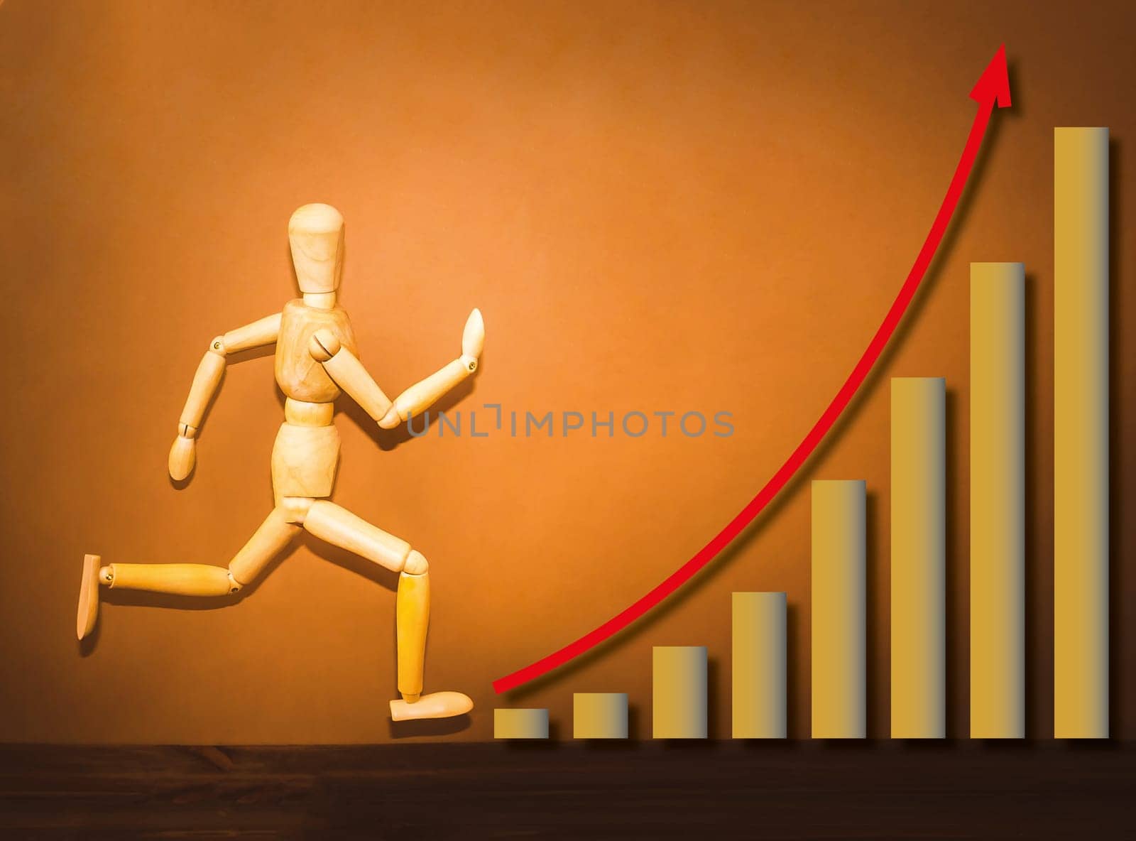 The wooden figure running on stairs of business plan on brown background. business concept of achievement