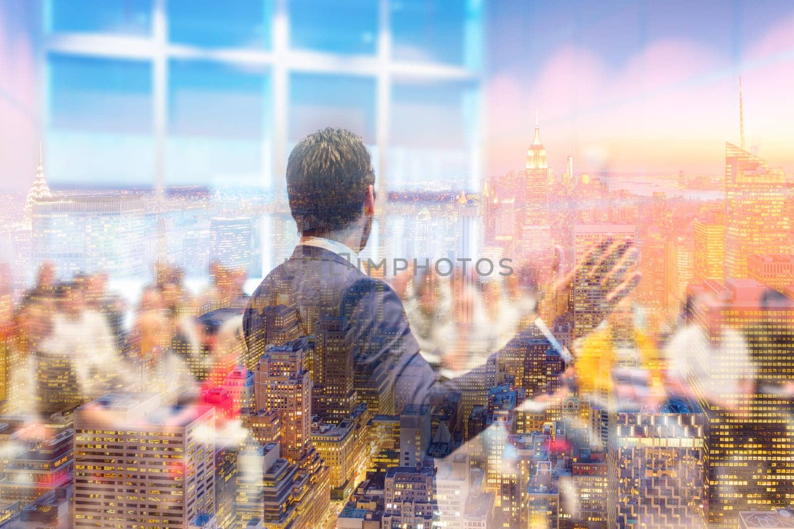 Business meeting. Rear view of Speaker at Business Conference. Public Presentation. Audience at the conference hall. New Your city lights reflection in window.