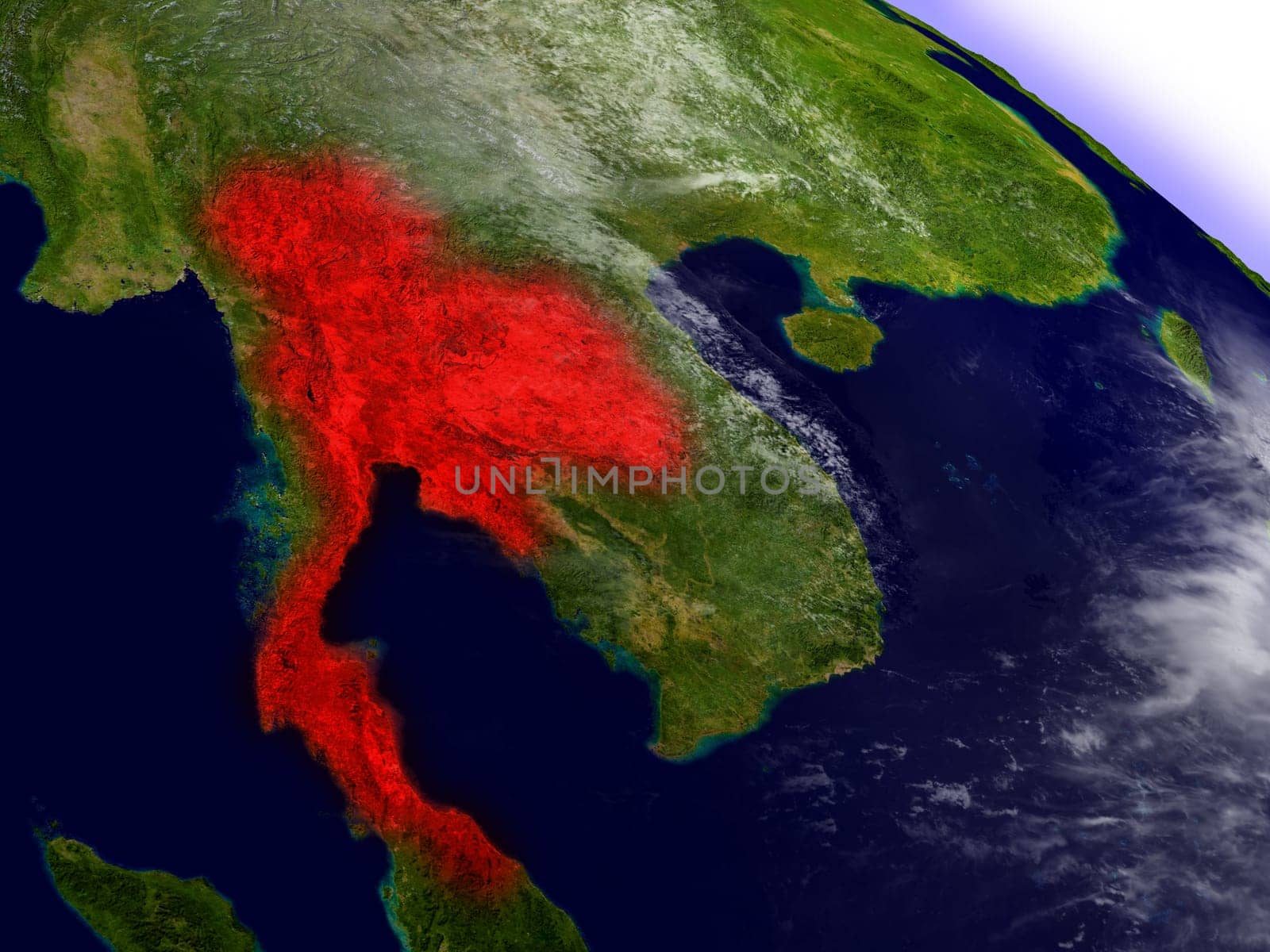 Thailand highlighted in red as seen from Earth's orbit in space. 3D illustration with highly detailed planet surface. Elements of this image furnished by NASA.