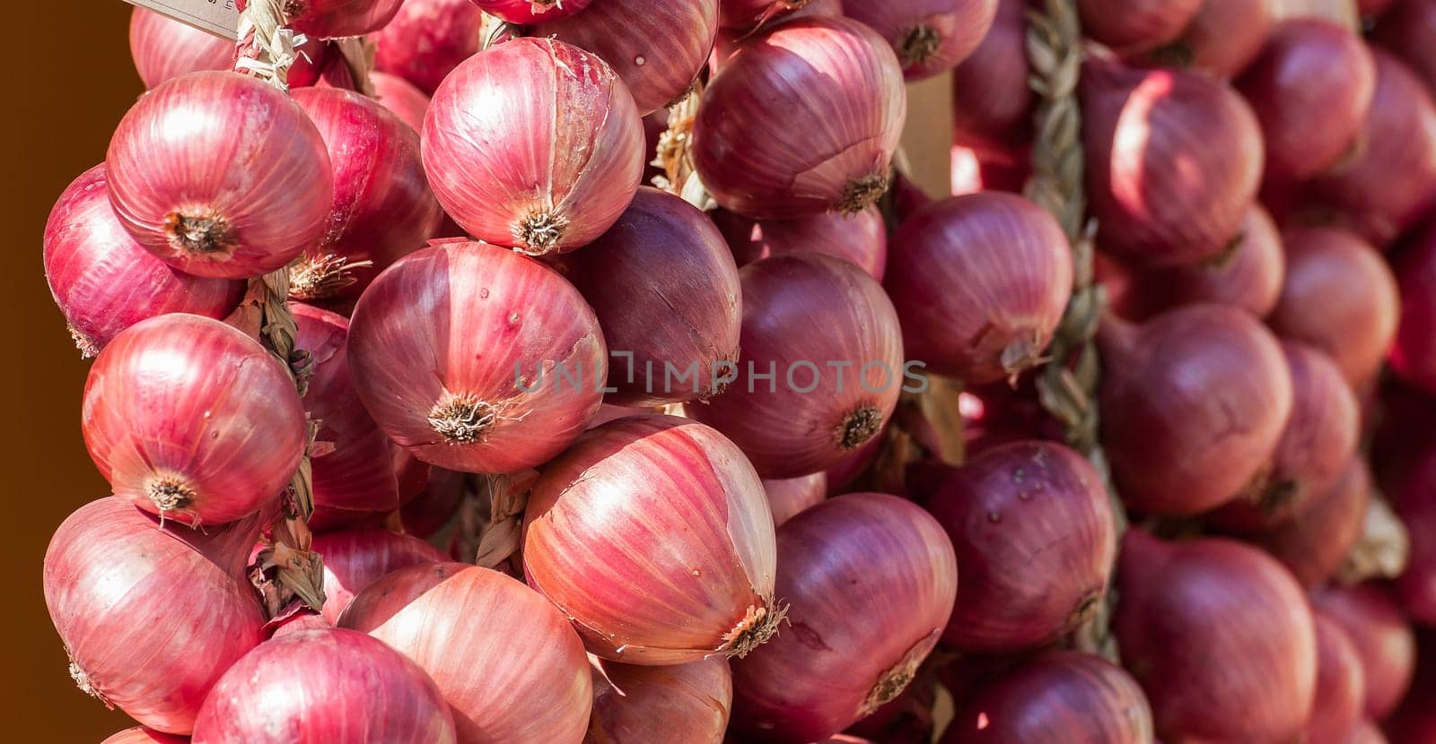 Red onion braids sold in Italy in the Farmer's Market. Onion background