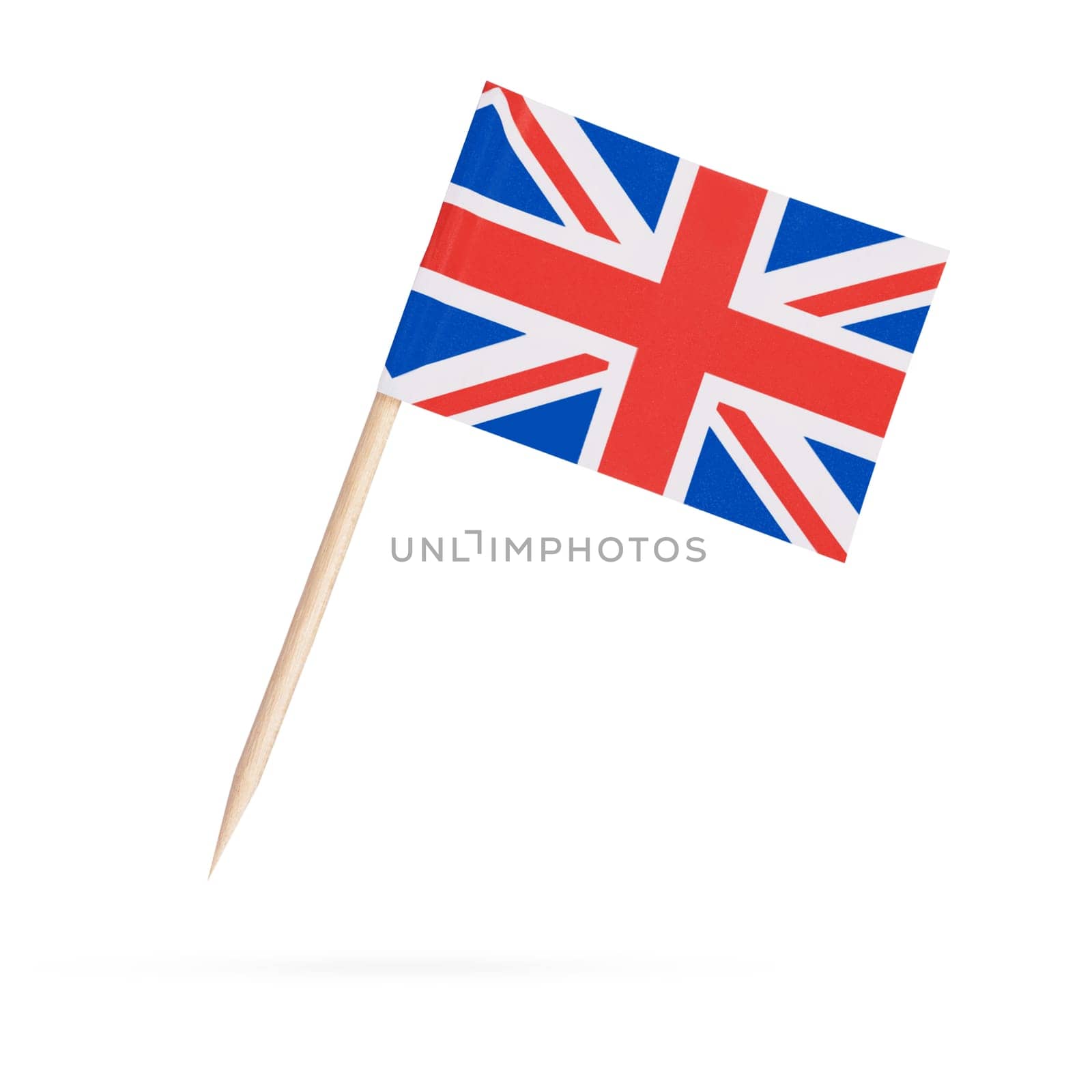 Miniature paper flag Great Britain. Isolated British flag pointer on white background. With shadow below