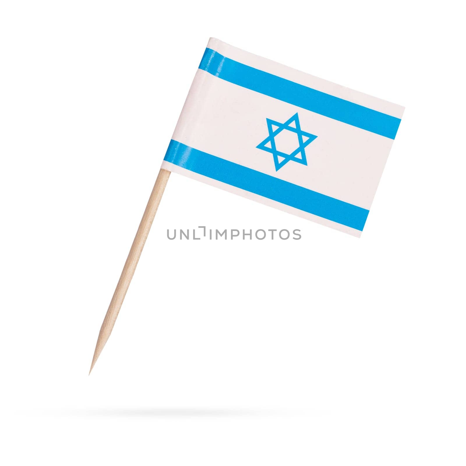 Miniature paper flag Israel. Isolated Israelian flag pointer on white background. With shadow below