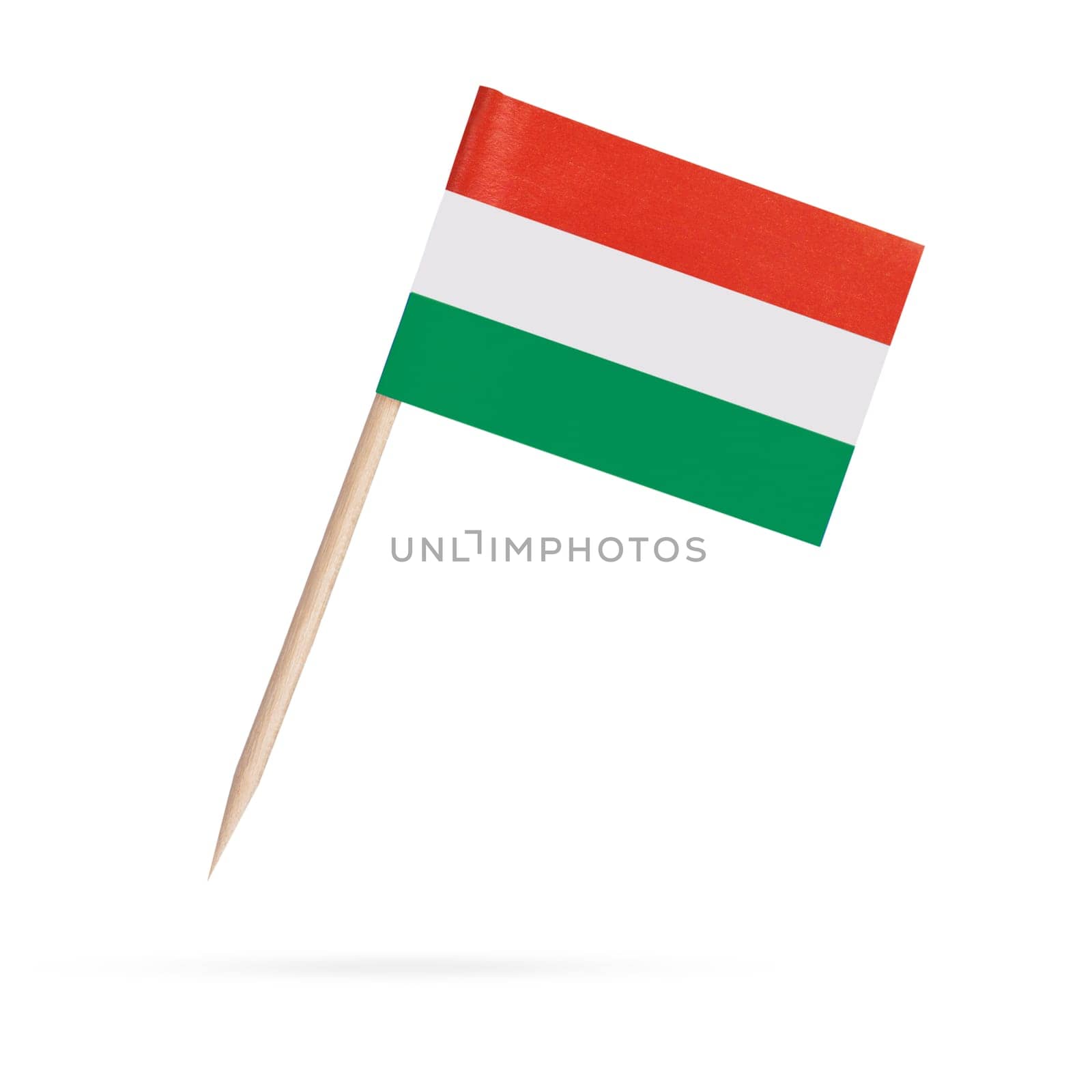 Miniature paper flag Hungary. Isolated Hungarian flag pointer on white background. With shadow below