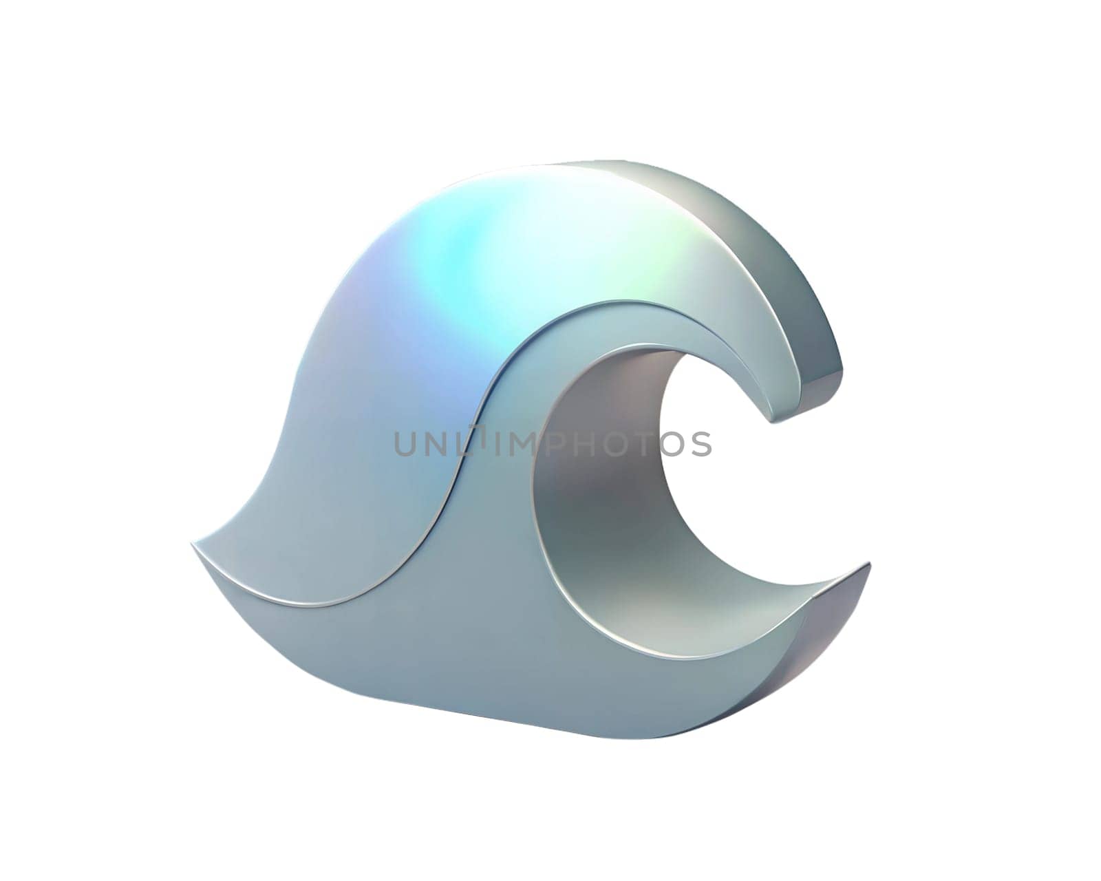 A sleek and futuristic 3D holographic icon representing a powerful wave or tsunami, with smooth curves and gradient reflections, isolated on white background, symbolizing energy and nature.