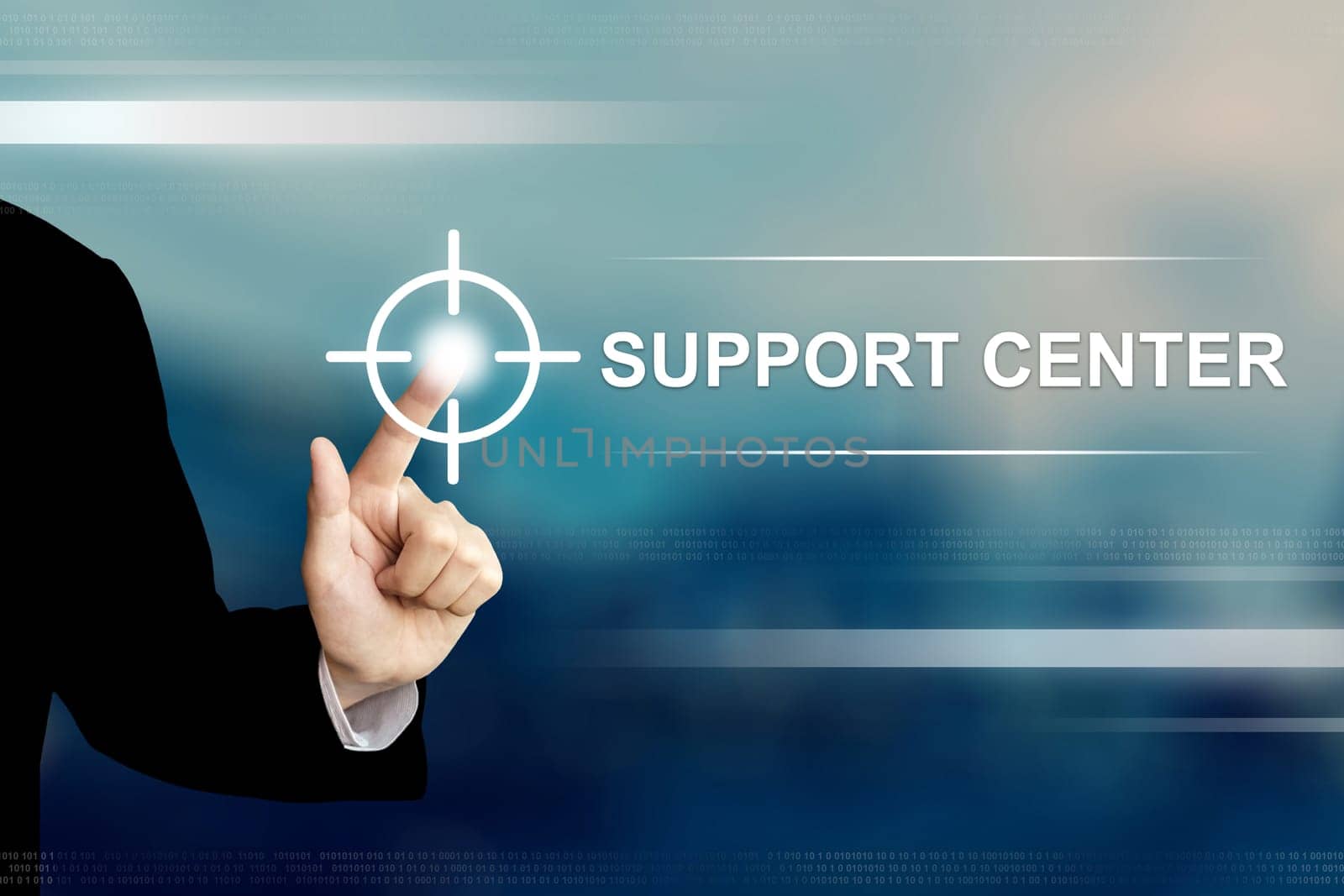 business hand pushing support center button on a touch screen interface