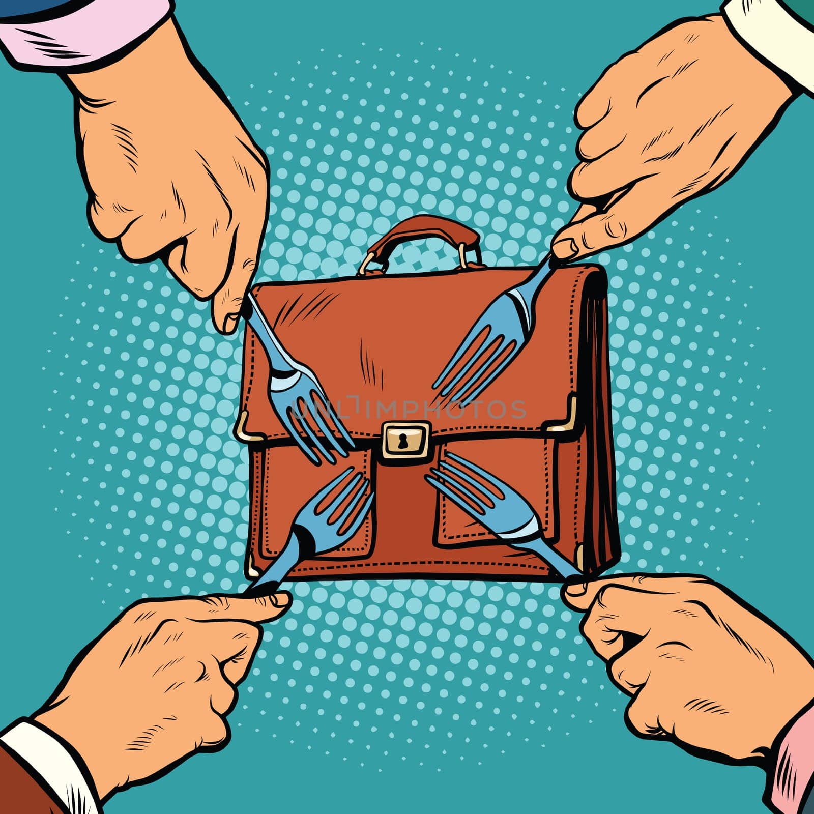 business competition concept, pop art retro vector illustration. Hands with fork and reach for the briefcase
