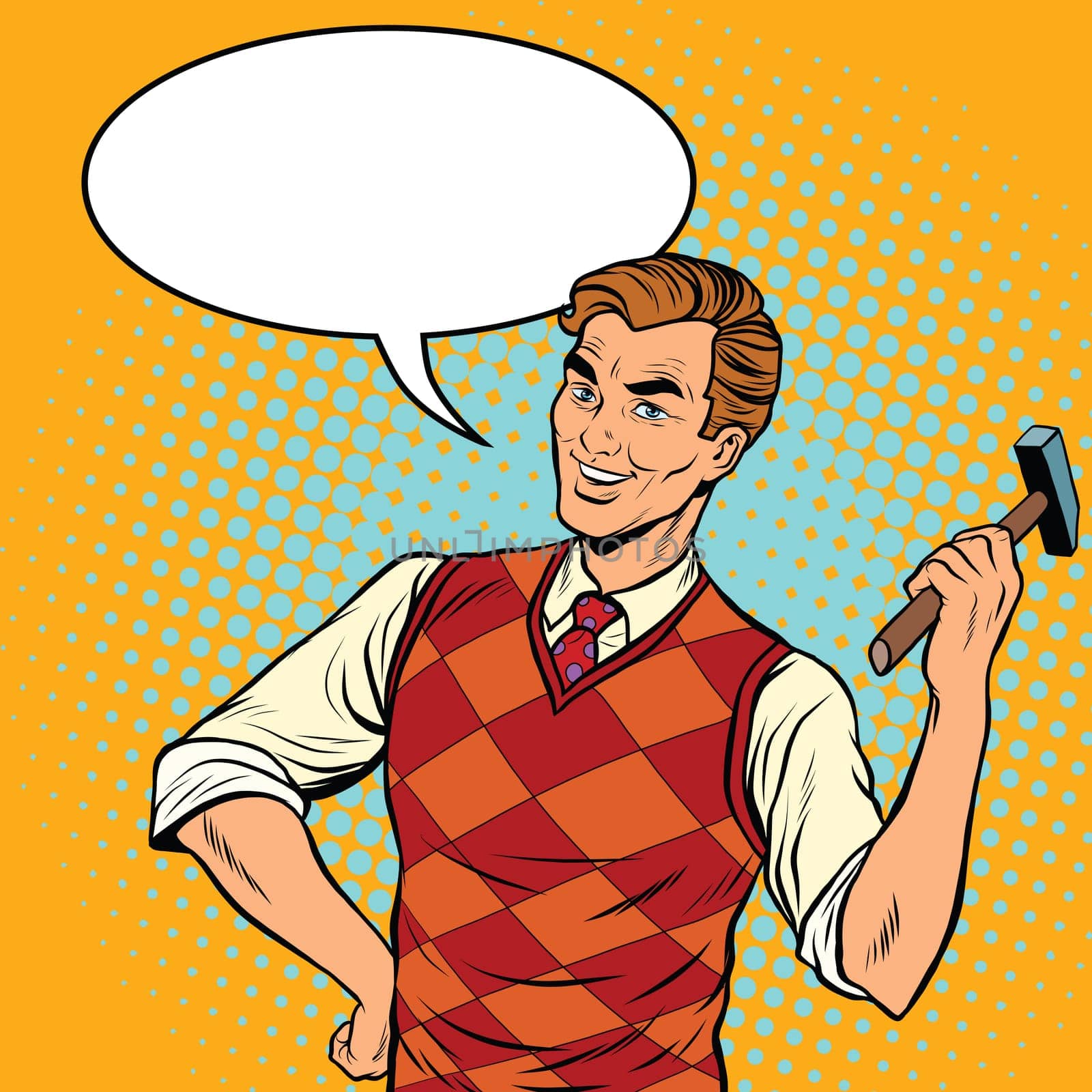 Smiling man with a hammer, home repairs, pop art retro vector illustration. comic bubble
