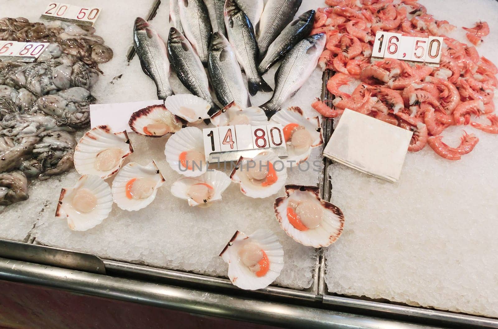 Venetian fish market - fish and prawns. The Rialto fish market is located alongside the Grand Canal near the Rialto Bridge - Venice, Italy