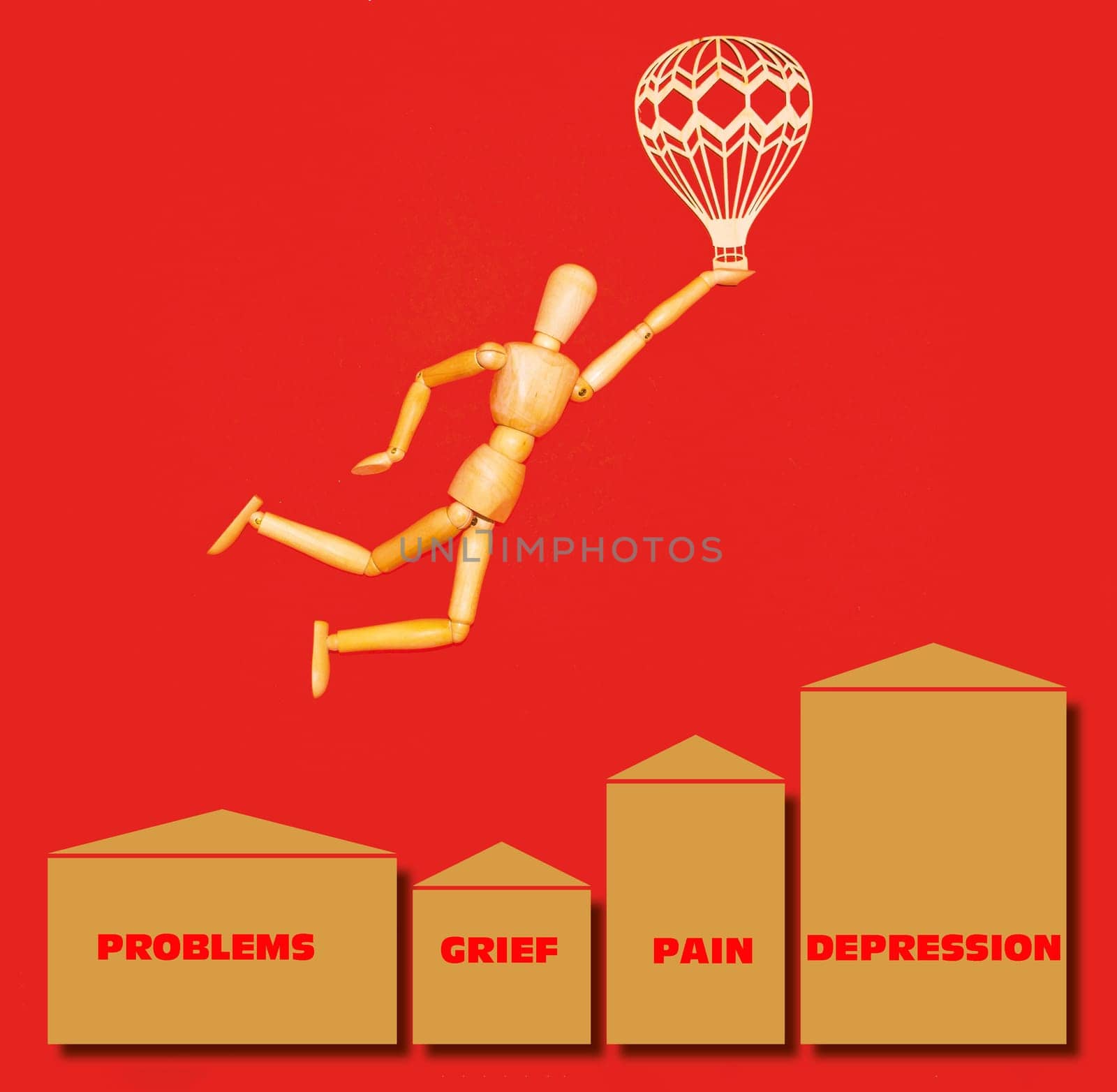 The wooden man flying over problems, grief, pain, depression with airship on red background