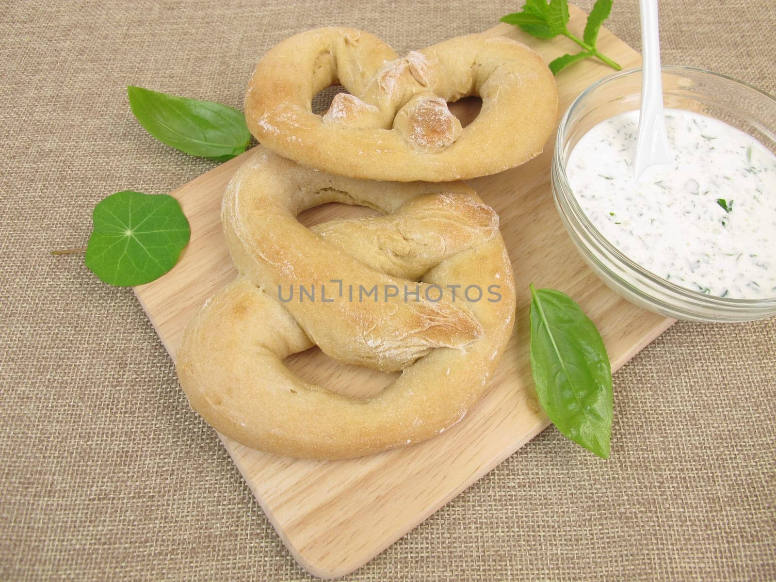 Homemade pretzels with herb cream cheese dip