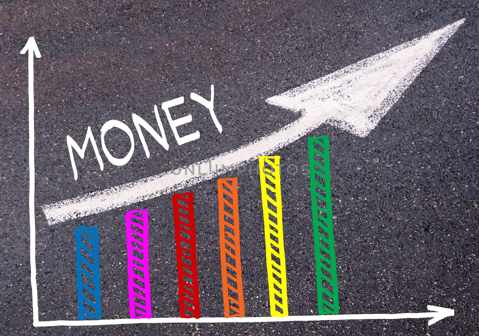 Colorful graph drawn over tarmac and word MONEY with directional arrow, business design concept