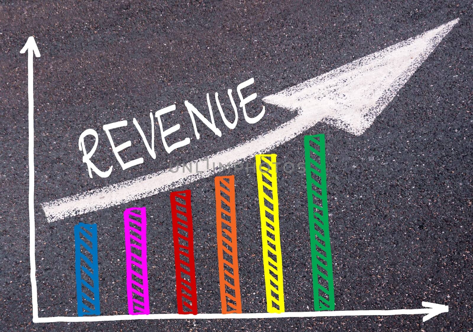 Colorful graph drawn over tarmac and word REVENUE with directional arrow, business design concept