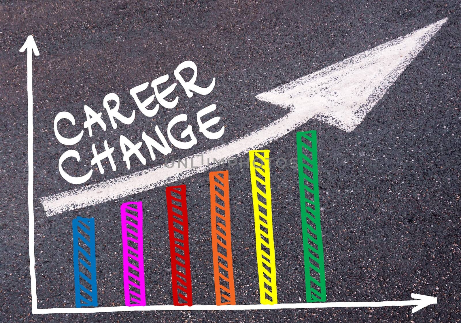 Colorful graph drawn over tarmac and words CAREER CHANGE with directional arrow, business design concept