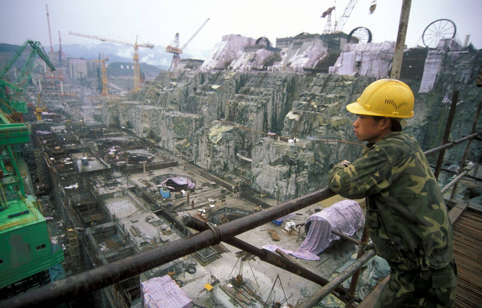 the constructions work at the three gorges dam project on the yangzi river in the province of hubei in china.