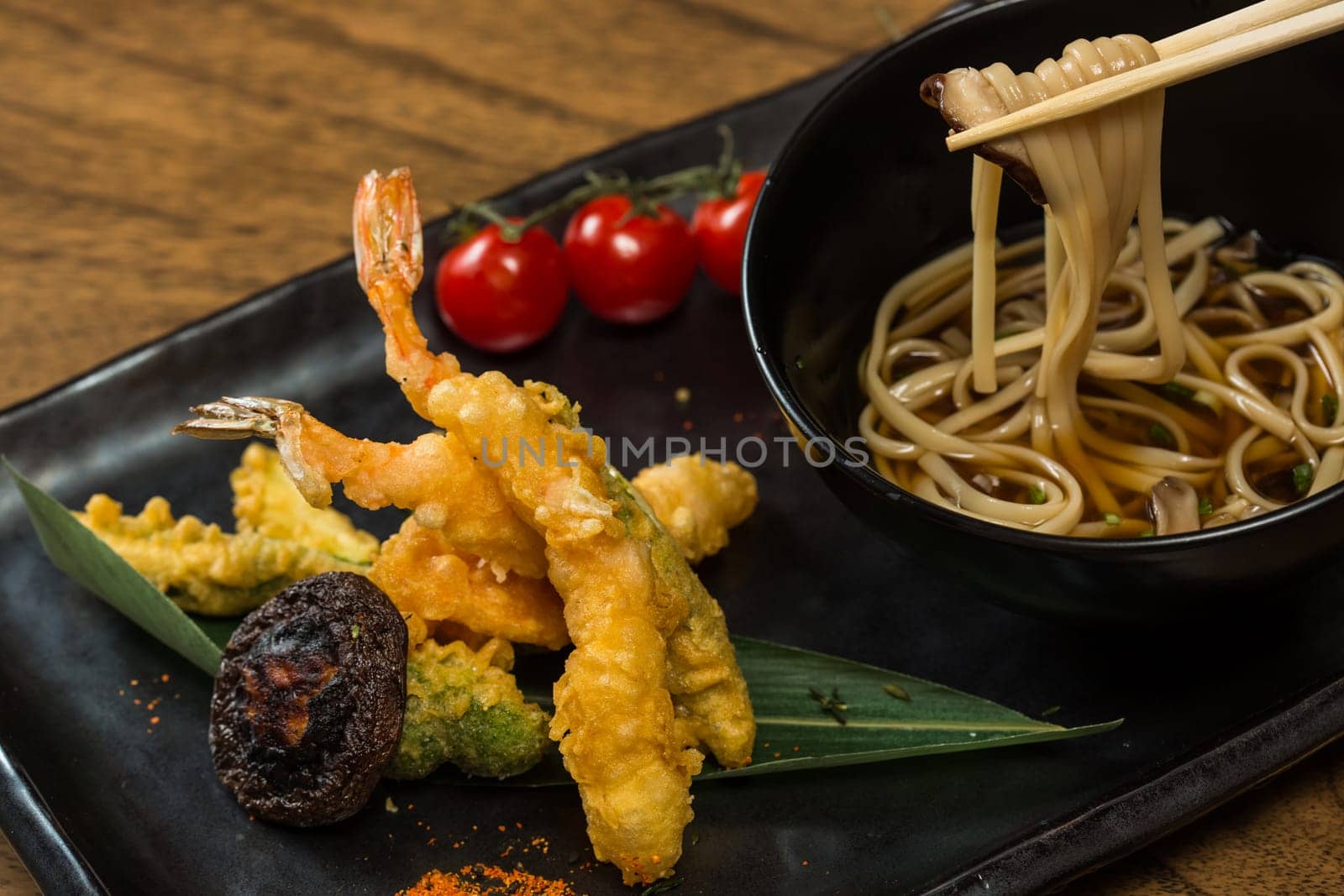 Japanese Cuisine. Tempura Shrimps with Vegetables. Shallow dof.