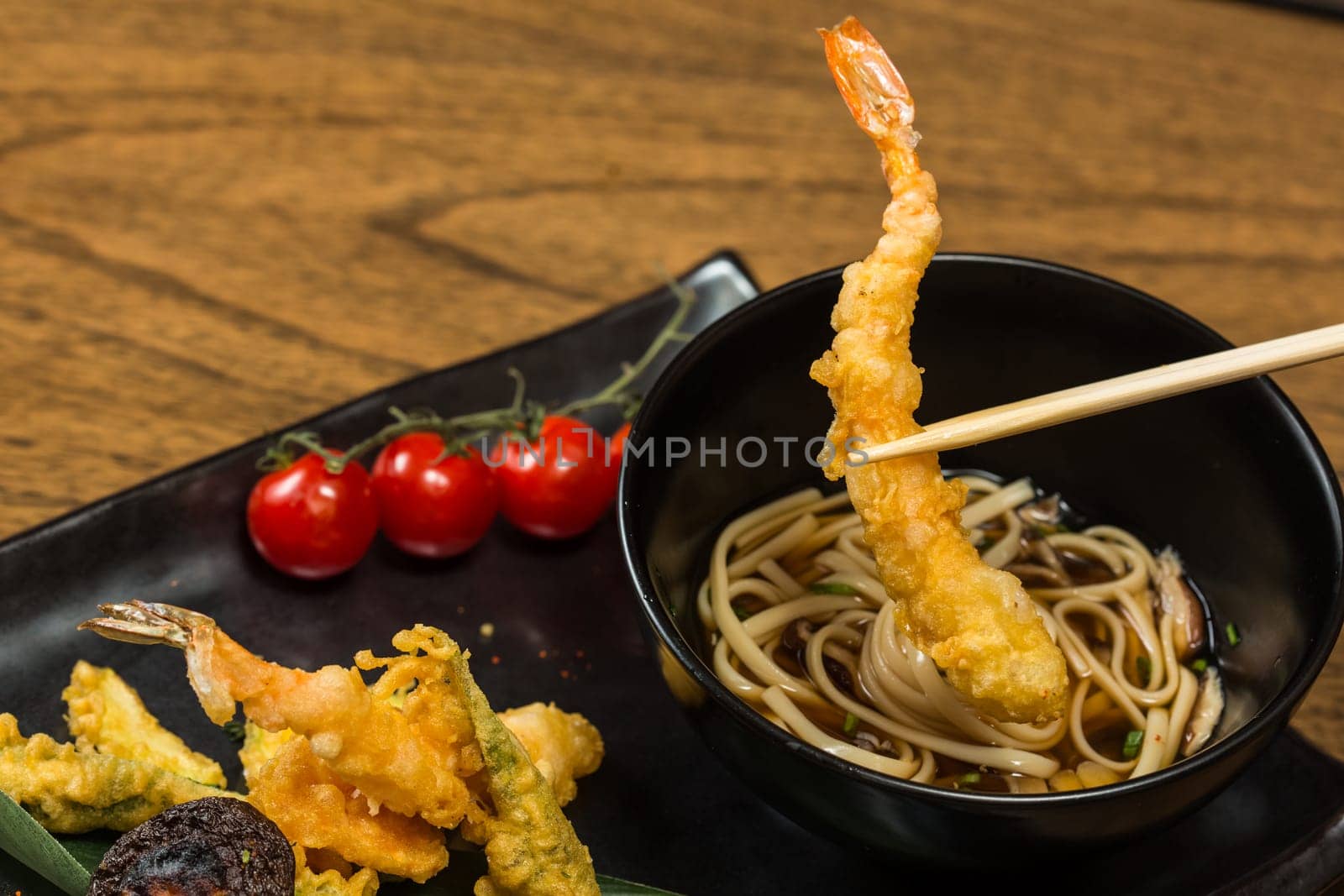 Japanese Cuisine. Tempura Shrimps with Vegetables. Shallow dof.