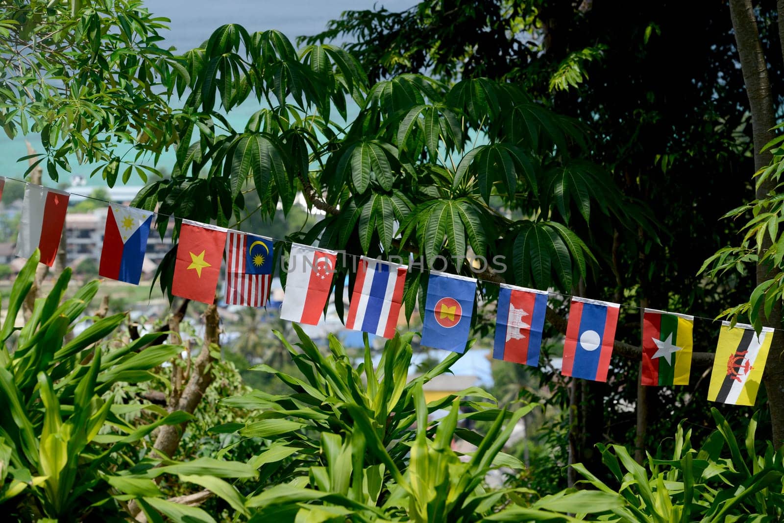 Flags of the ASEAN Nations in the Town of Ko PhiPhi on Ko Phi Phi Island outside of the City of Krabi on the Andaman Sea in the south of Thailand.