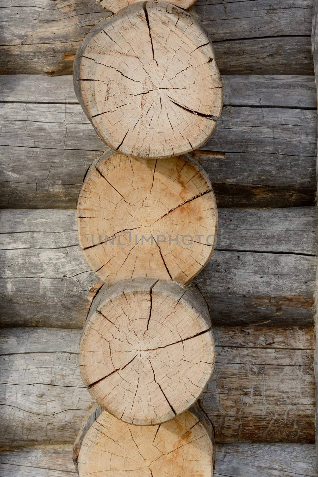 Detailed view of a wooden house in block plank construction