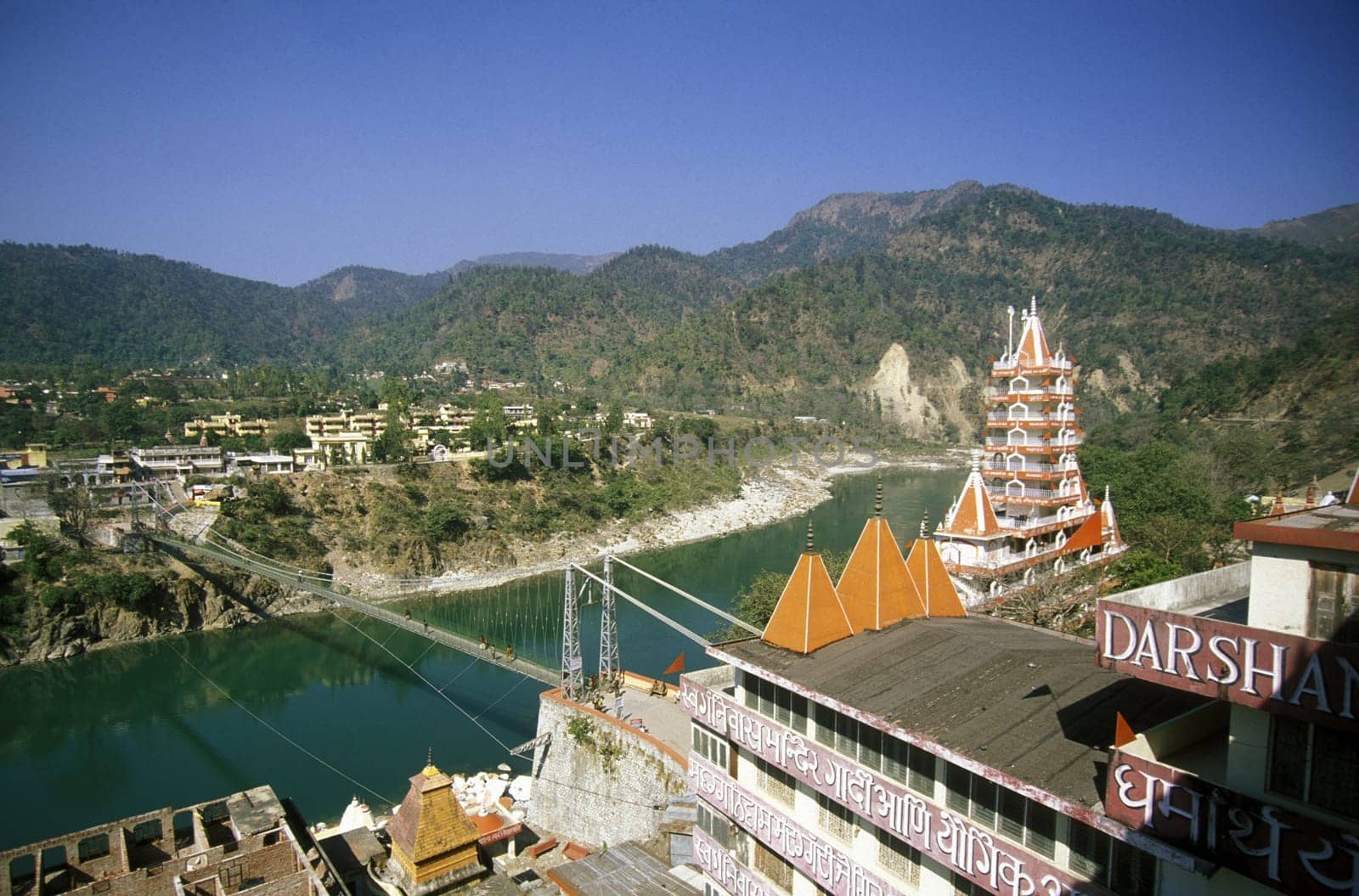 the Ganges River in the town of Rishikesh in the Province Uttar Pradesh in India.
