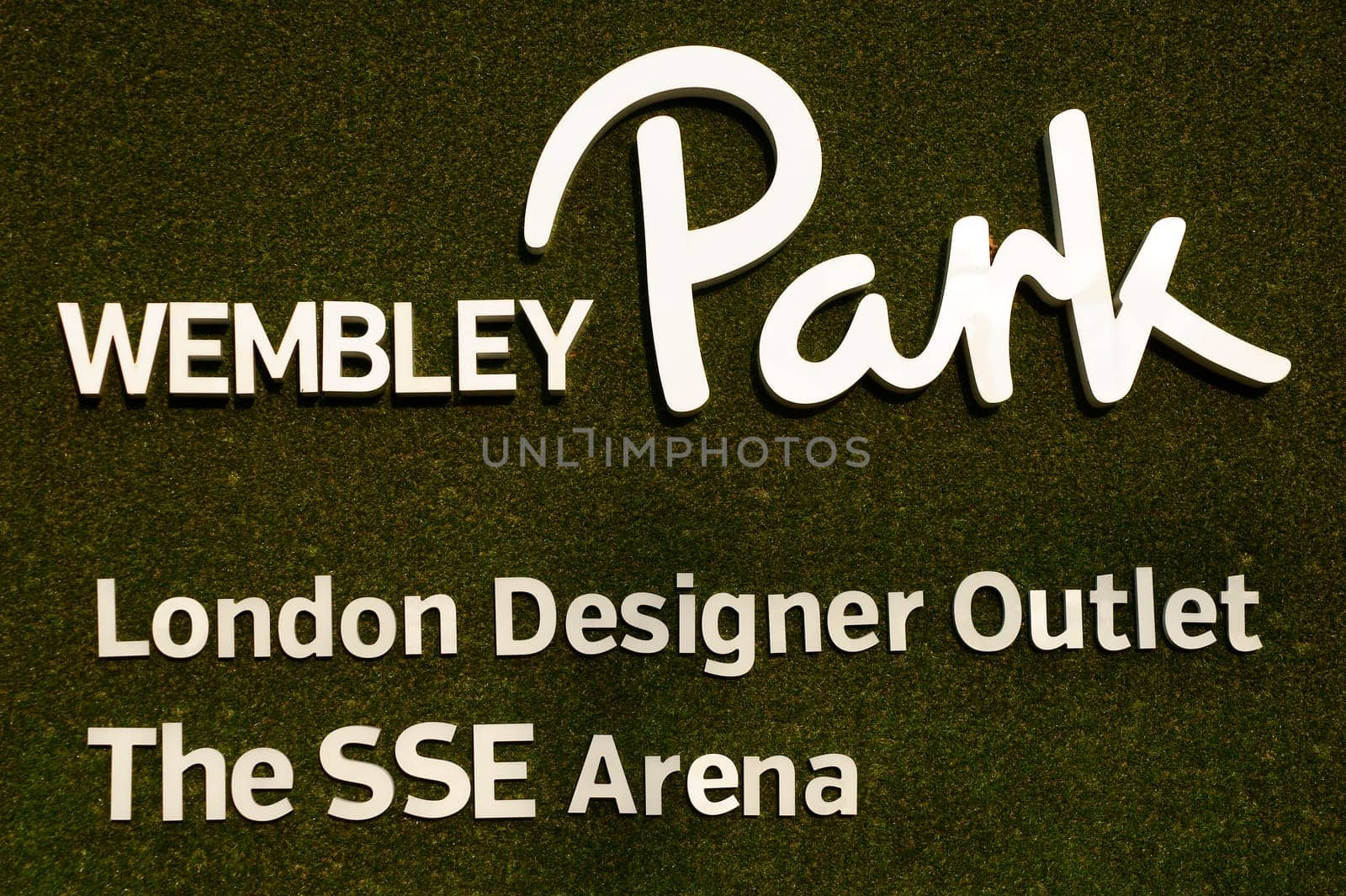 London,United Kingdom – November 28,2014: The sign of Wembley Park with the SSE Arena and an outlet centre on a nonwoven fabric on November 28,2014 in London.