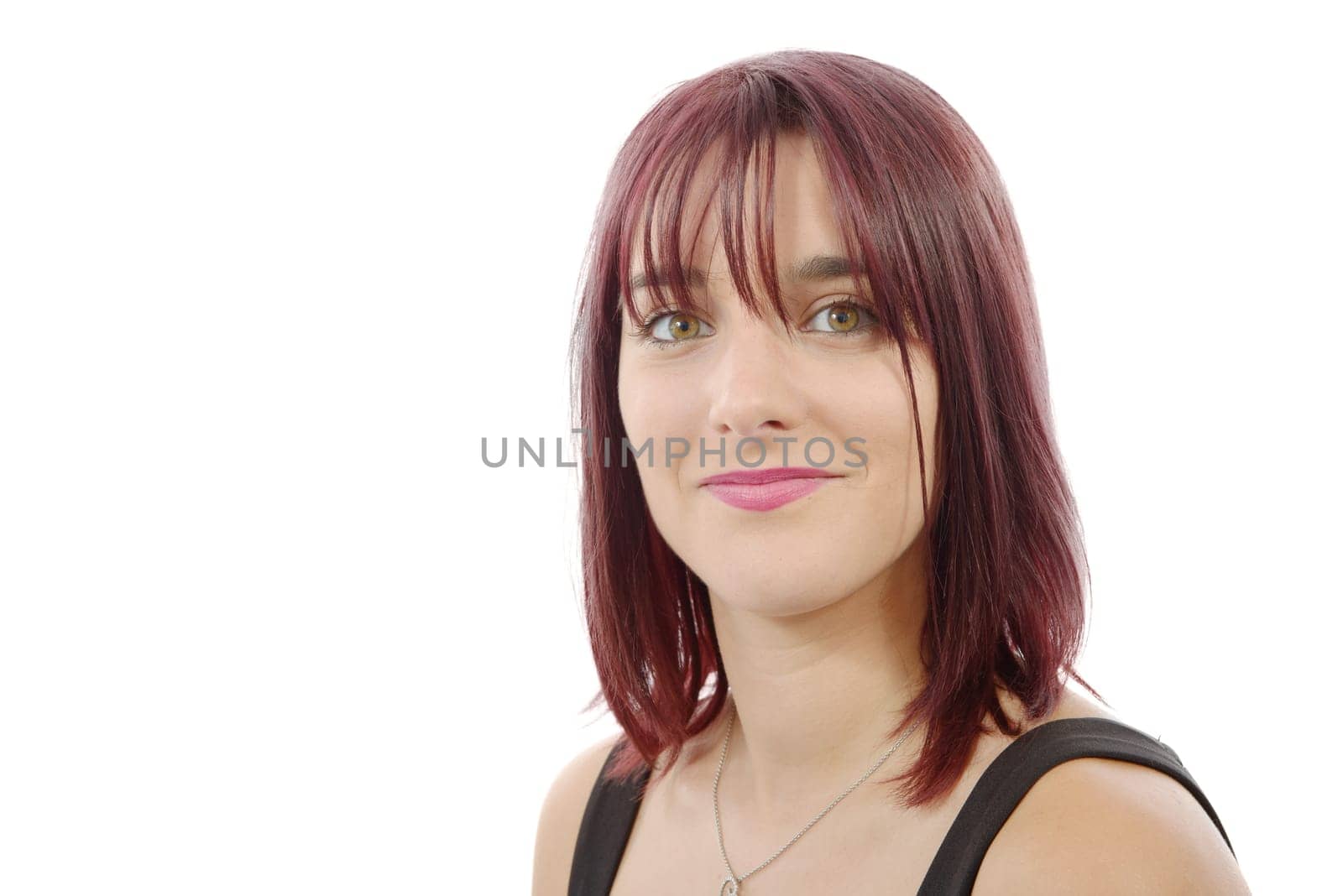 beautiful young woman with red hairs, on white background