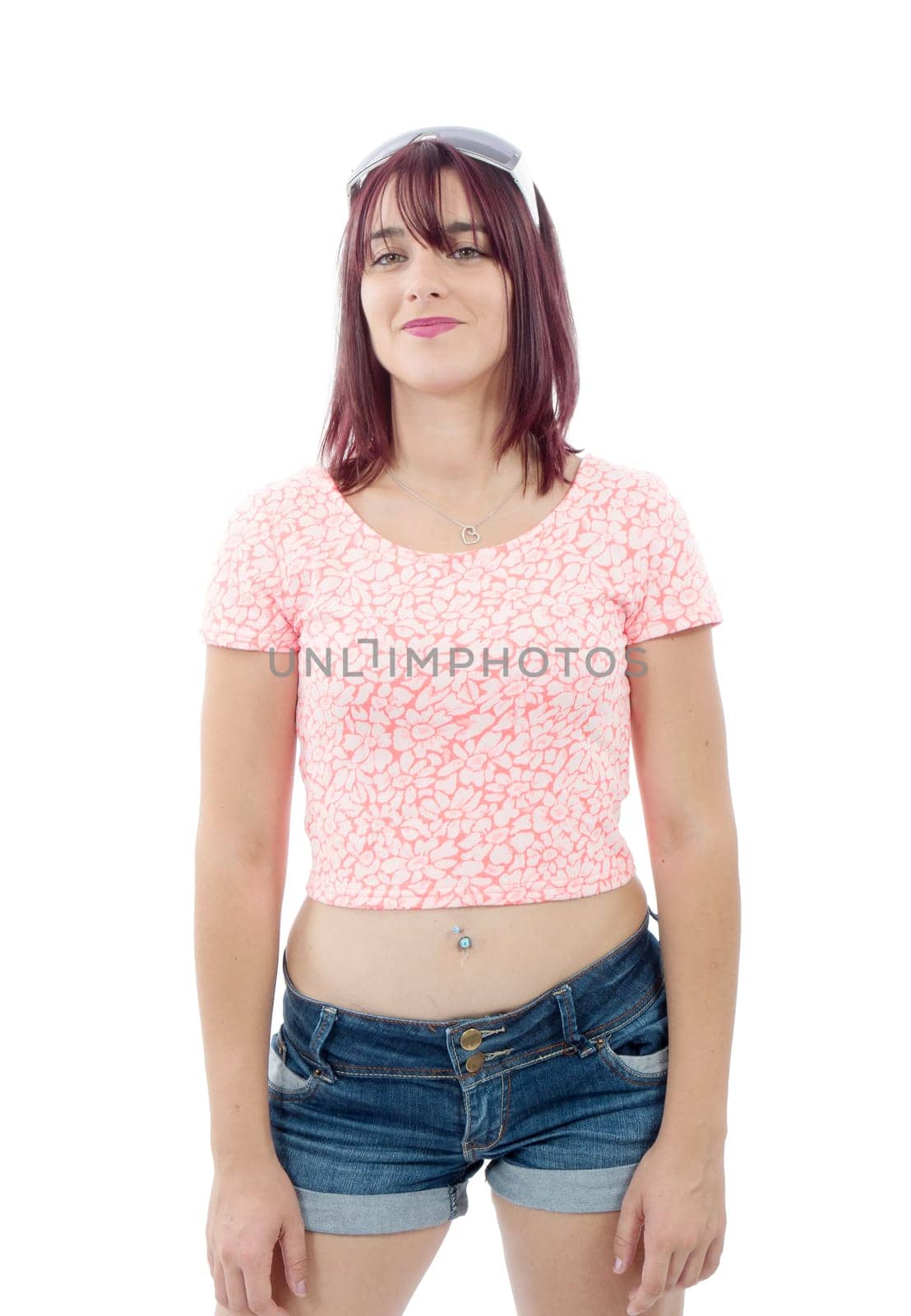 beautiful pretty young woman in pink shirt and denim shorts