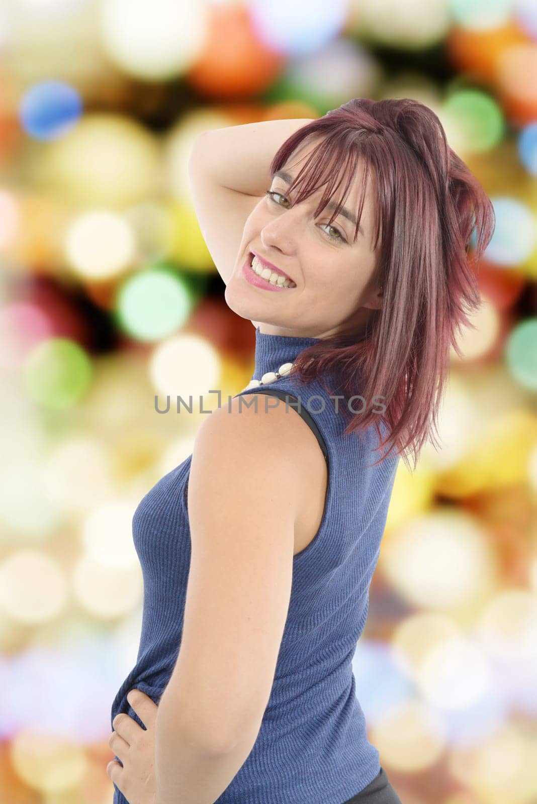 beautiful young woman with red hairs, bokeh background