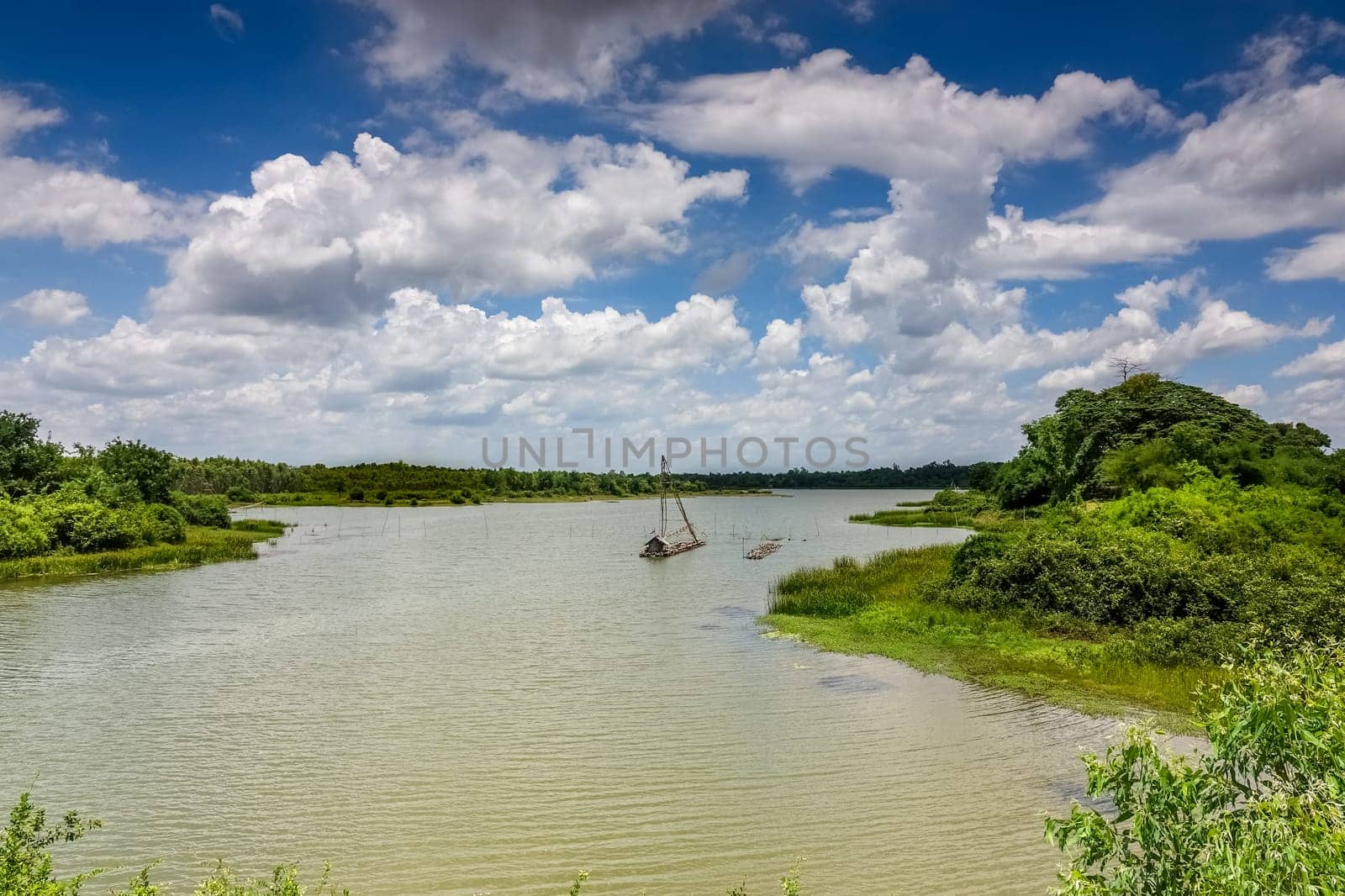 Landscape with Thai fishing boat,traditional bamboo boat