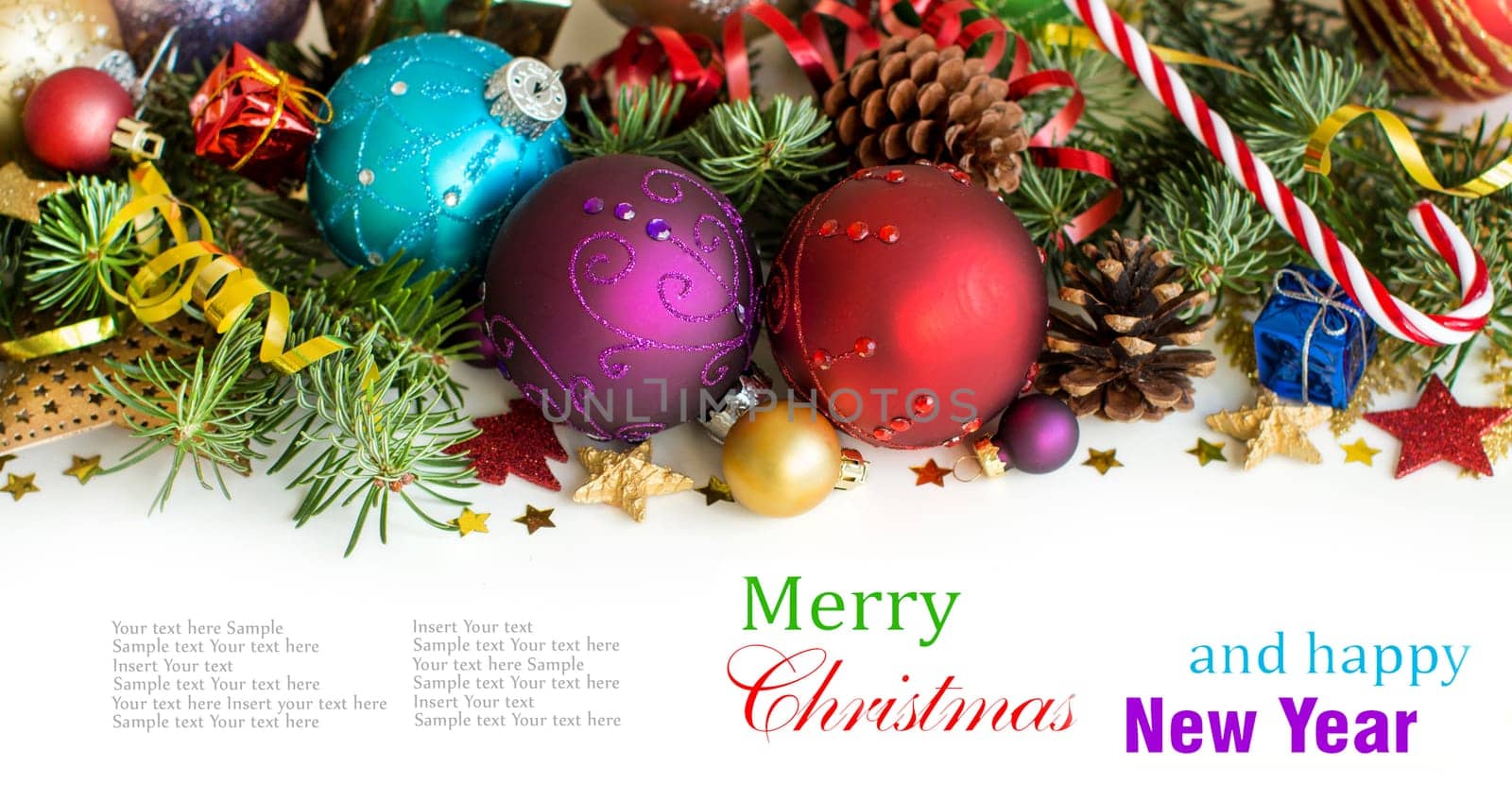 Colorful Christmas decorations - baubles, stars and pine conesisolated on white