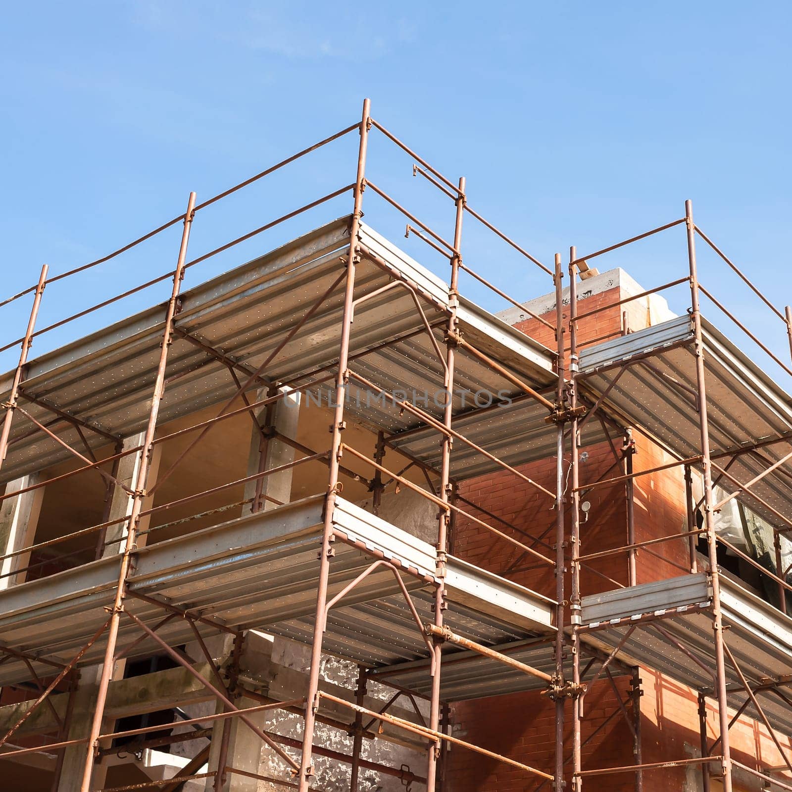 Construction scaffolding of a building under renovation.