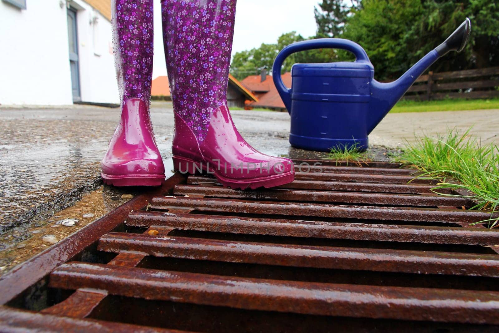 Colorful rubber boots in rainy weather