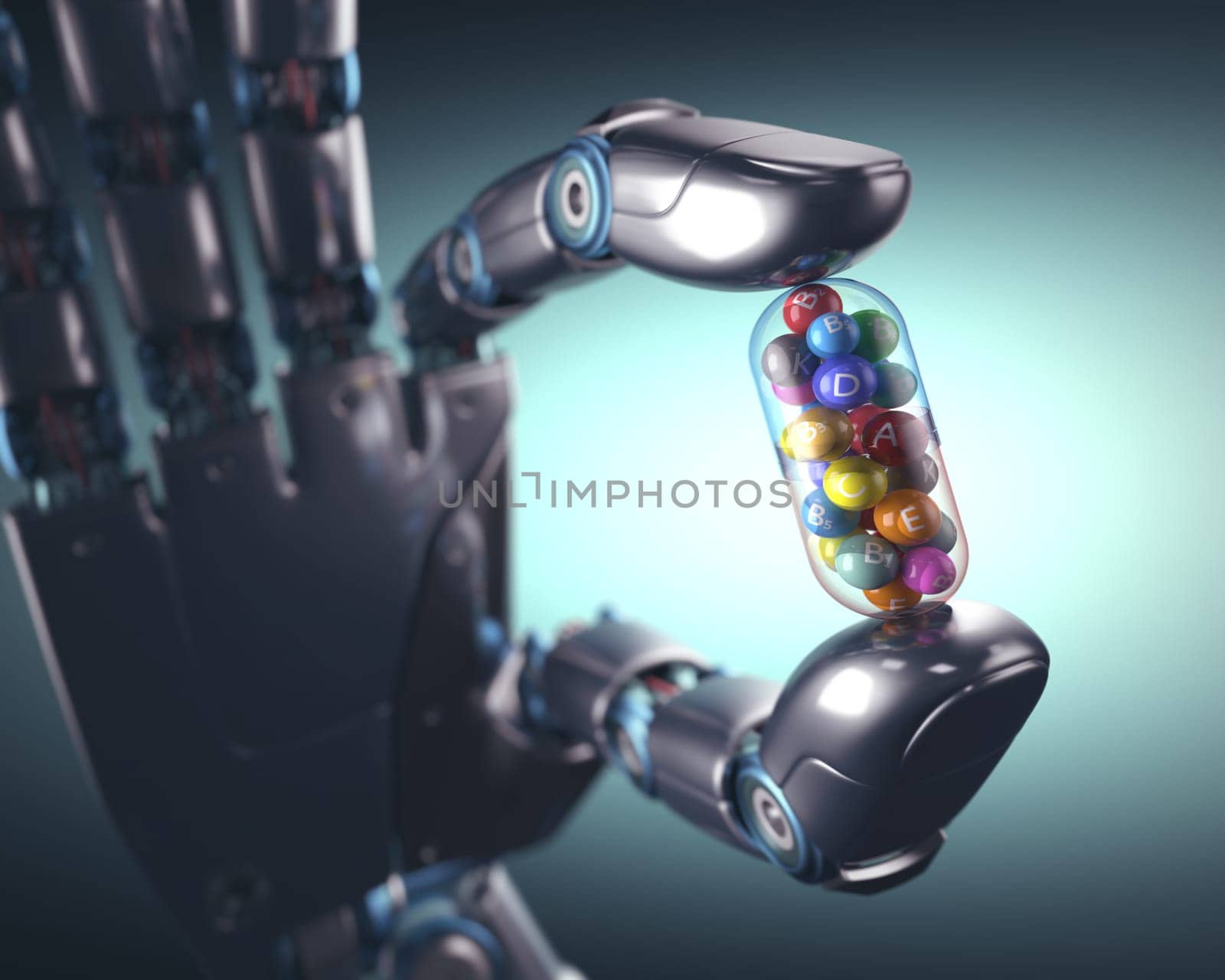 3D illustration. Robot hand holding a multivitamin pill.
