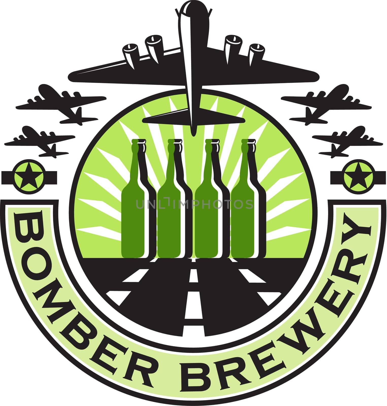 Illustration of a B-17 Flying Fortress, a World War two American four-engine heavy bomber taking off and in full flight with beer bottles in the runway and sunburst in the background set inside circle with the words text Bomber Brewery done in retro style.