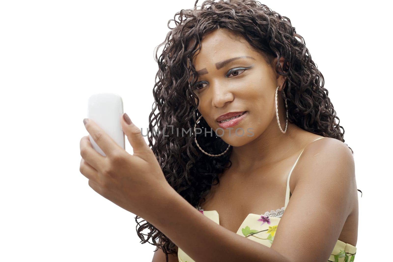beautiful young african woman with cell phone isolated on white background
