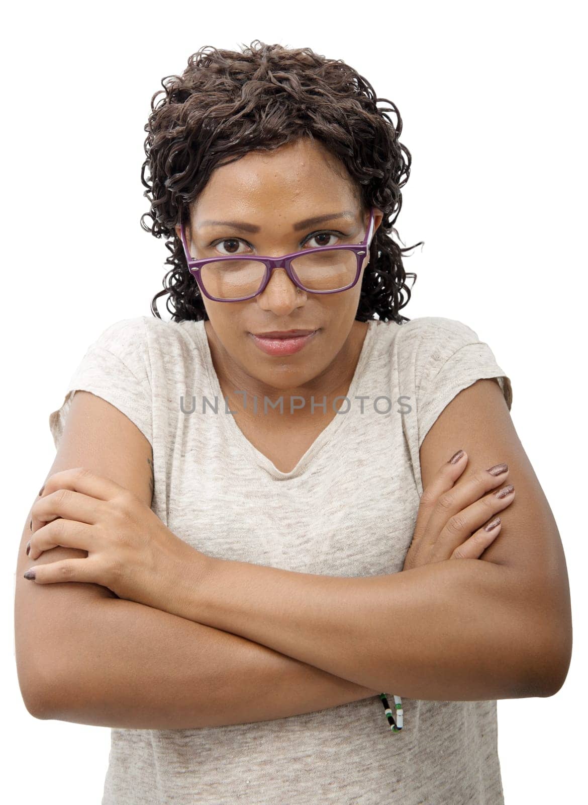 Portrait of beautiful African American  young woman smiling, on white background