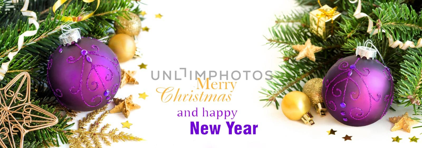 Purple and golden Christmas ornaments border on white background