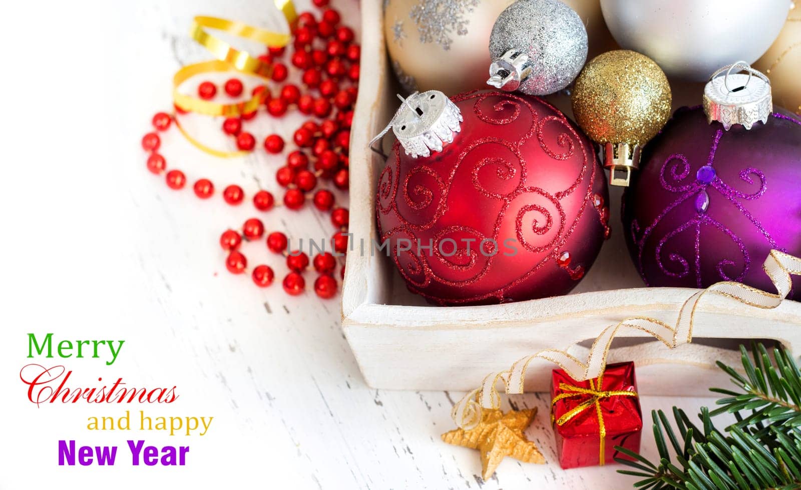 Wooden tray with colorful Christmas decorations border