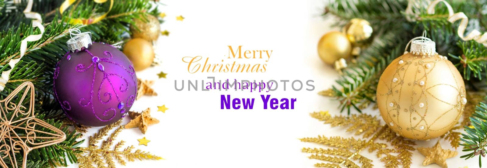 Purple and golden Christmas ornaments border on white background