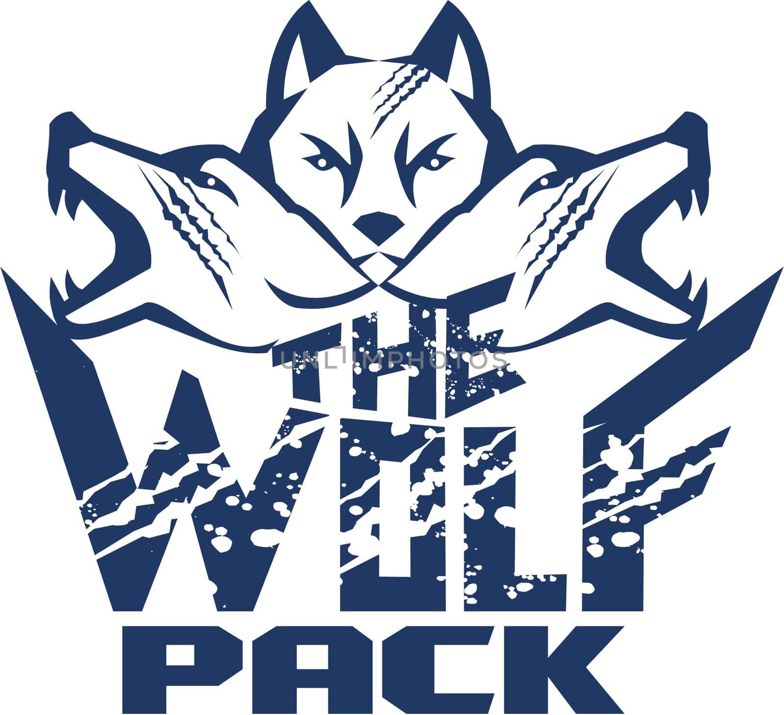 Illustration of a pack of wolf heads viewed from front set on isolated white background with the text words The Wolf Pack done in retro style.