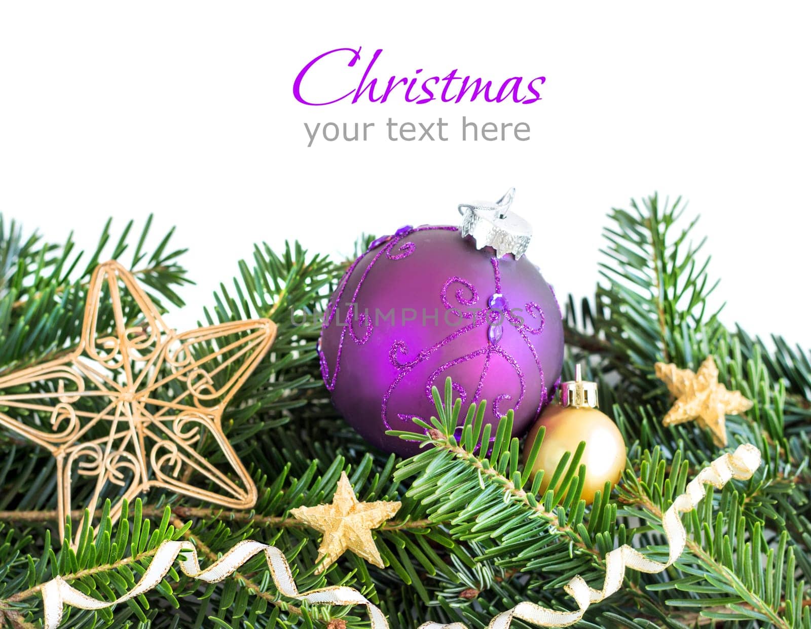Golden and purple Christmas ornaments border on white background