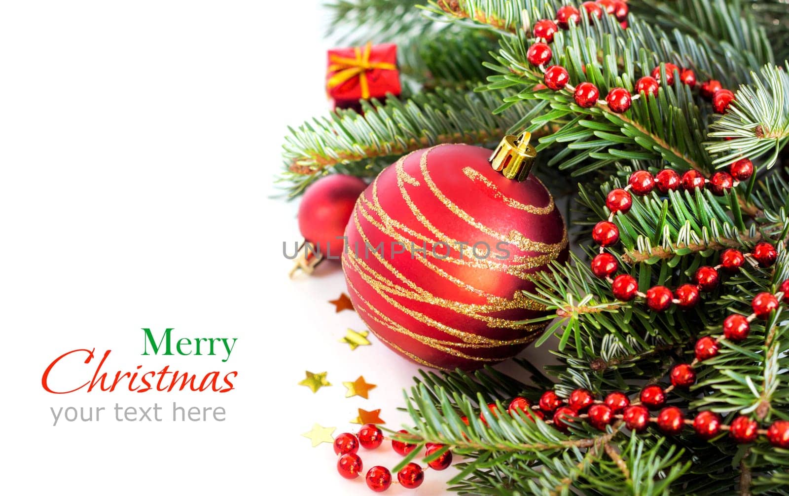 Festive decorations with red bauble on white background
