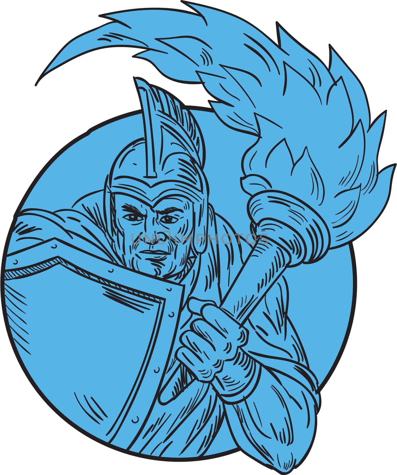 Drawing sketch style illustration of centurion roman soldier gladiator holding flaming torch and shield viewed from front set inside circle on isolated background.