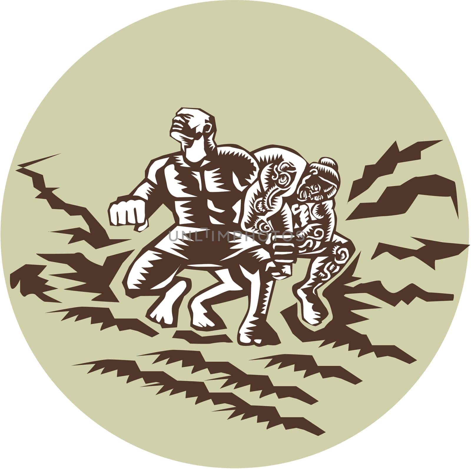 Illustration of Samoan legend Tiitii wrestling the God of Earthquake  and breaking his arm set omsode circle done in retro woodcut style.