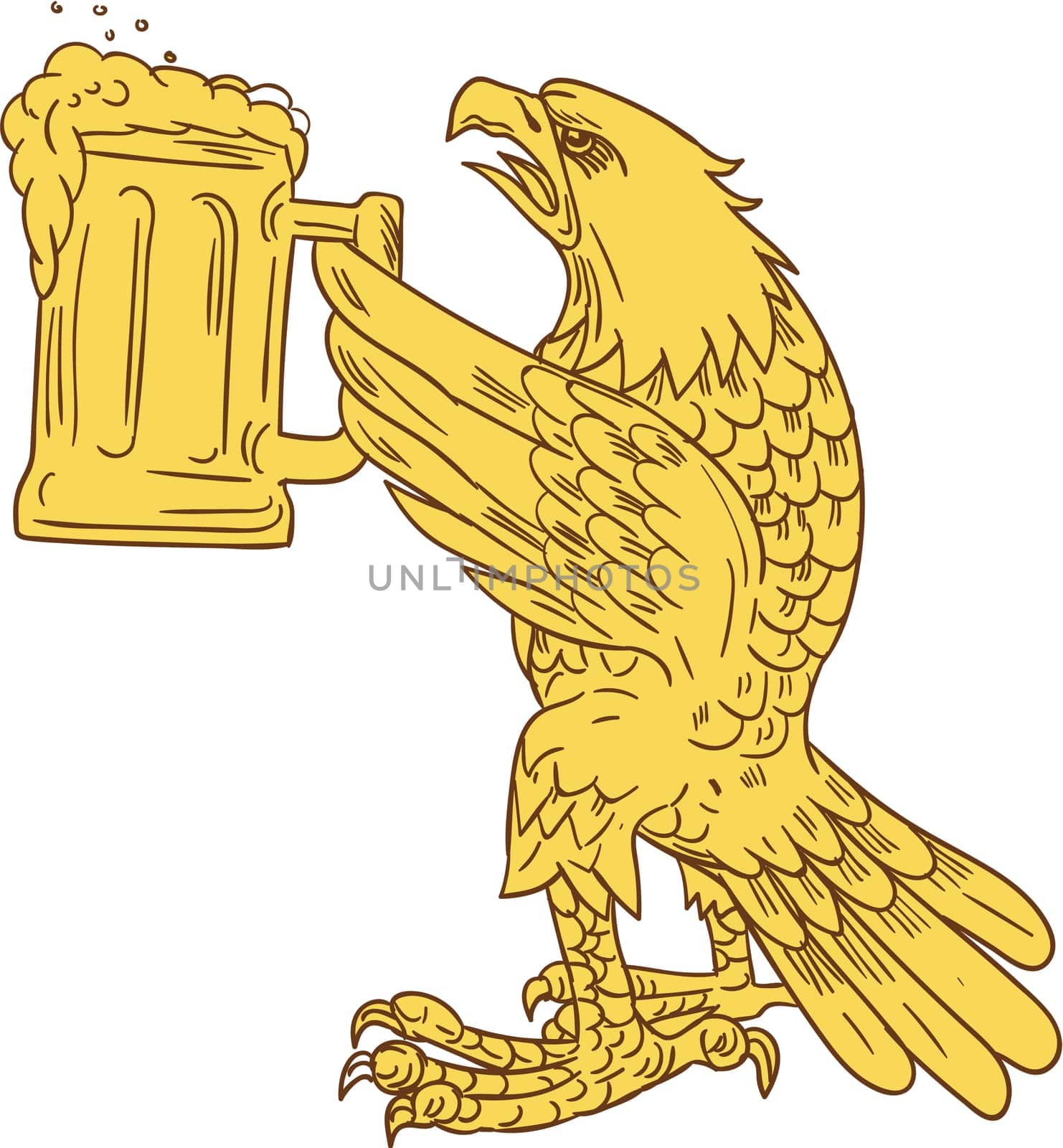 Drawing sketch style illustration of an american bald eagle hoisting beer mug stein viewed from the side set on isolated white background.
