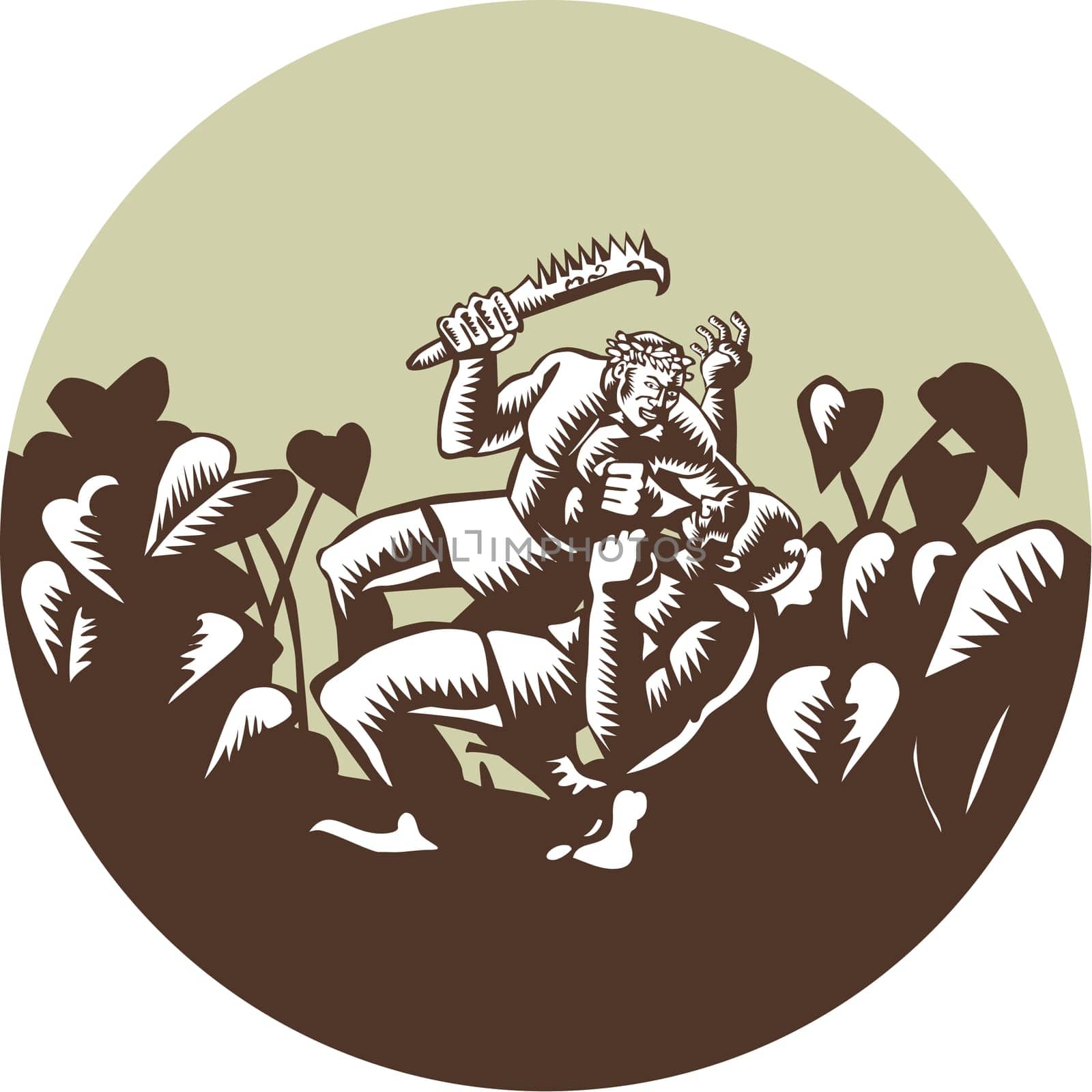 Illustration of Samoan legend wielding a club Nifo'oti weapon defeating the god with taro plant in background done in retro woodcut style