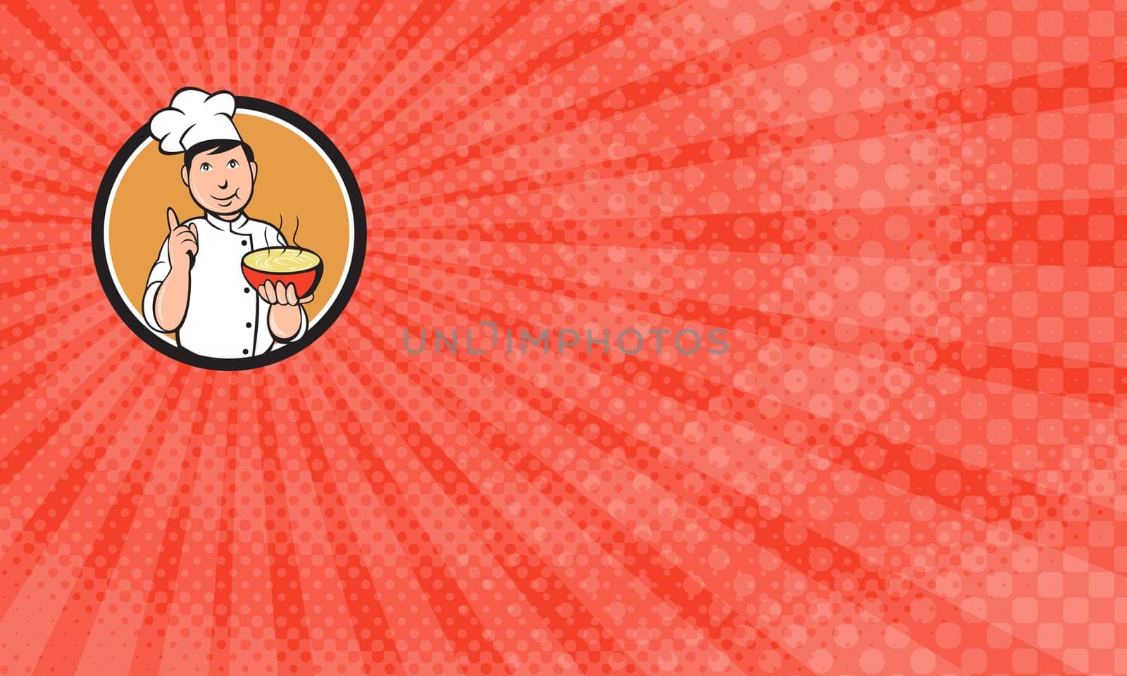Business Card showing Illustration of an asian chef holding a bowl of noode and doing the number one sign with the other hand viewed from front set inside circle on isolated background done in cartoon style. ..