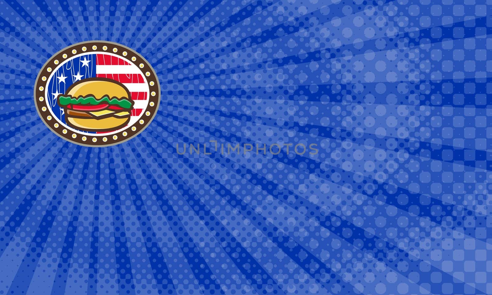 Business Card showing Illustration of an american cheeseburger set inside oval shape with usa american stars and stripes in the background done in cartoon style. ..