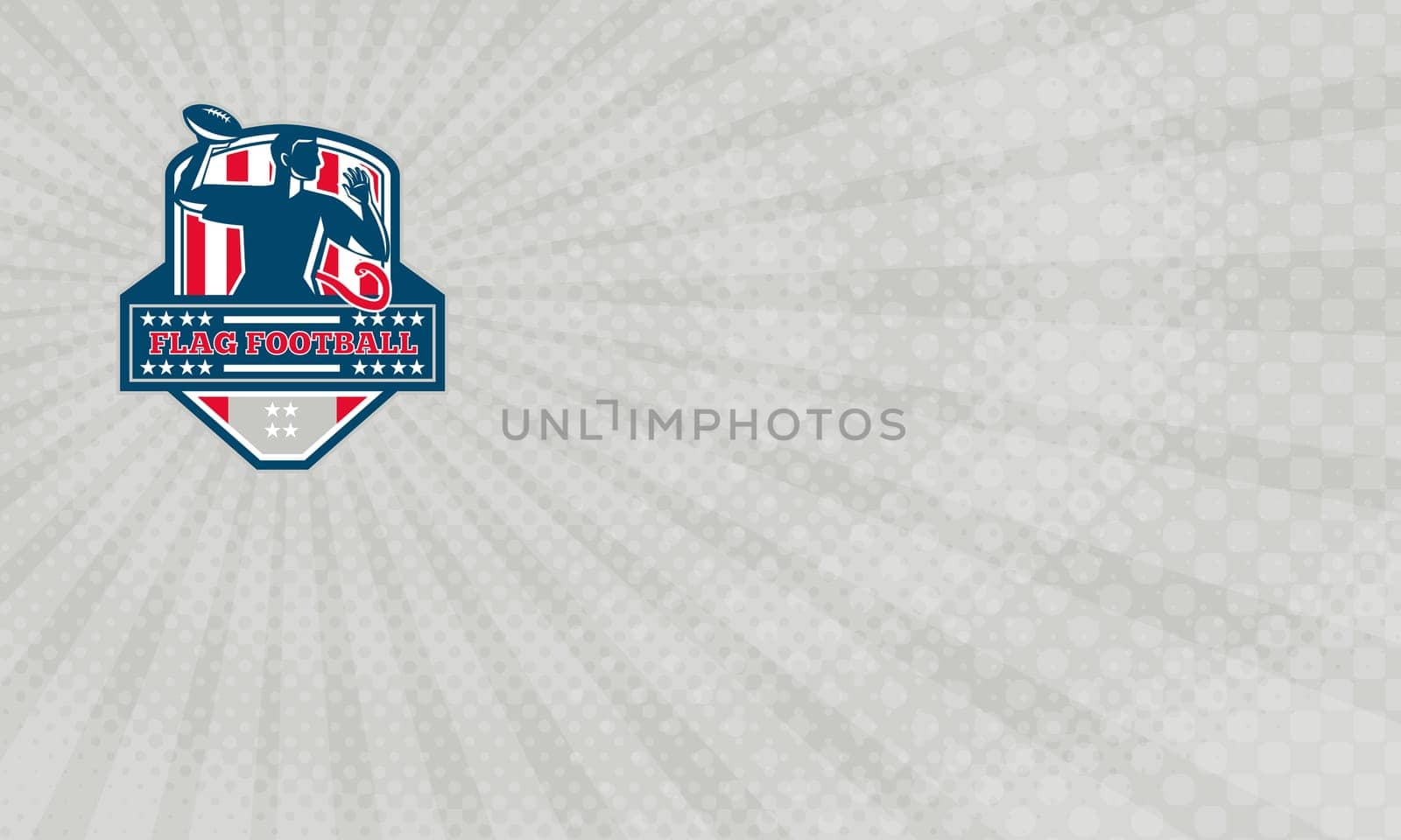 Business Card showing Illustration of a flag football player QB passing ball viewed from the side set inside shield crest with the words text Flag Football done in retro style. ...