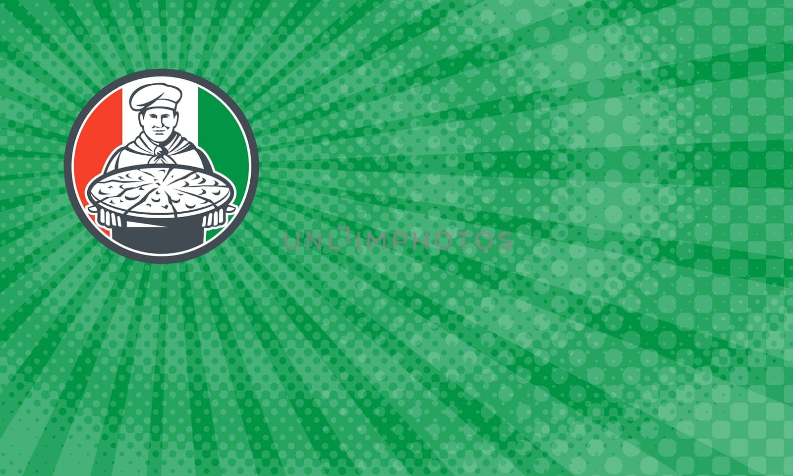 Business Card showing Illustration of an italian chef, cook baker serving pizza platter facing front set inside circle with italy flag in the background done in retro style....