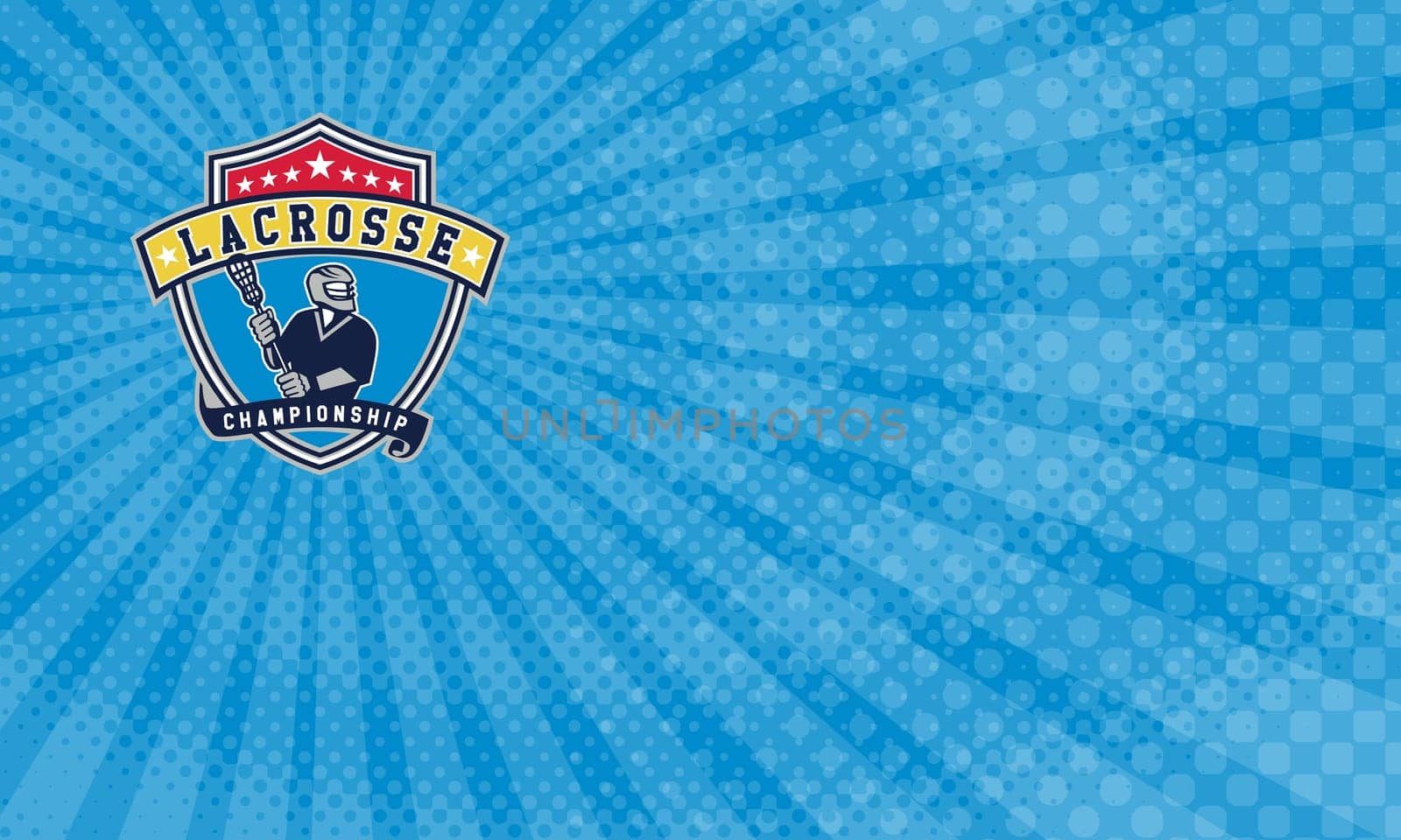 Business Card showing Illustration of a lacrosse player holding a crosse or lacrosse stick looking to the side viewed from front set inside shield crest with ribbon with the words text Lacrosse Championship. ...